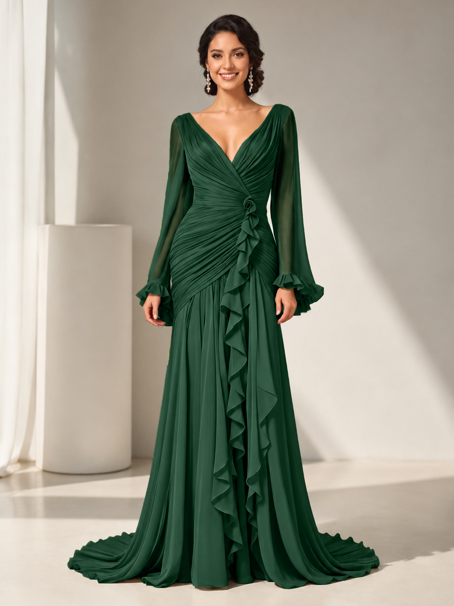 Grecian Olive Green Ruched Long-Sleeve Cascading Ruffle Formal Evening Dress