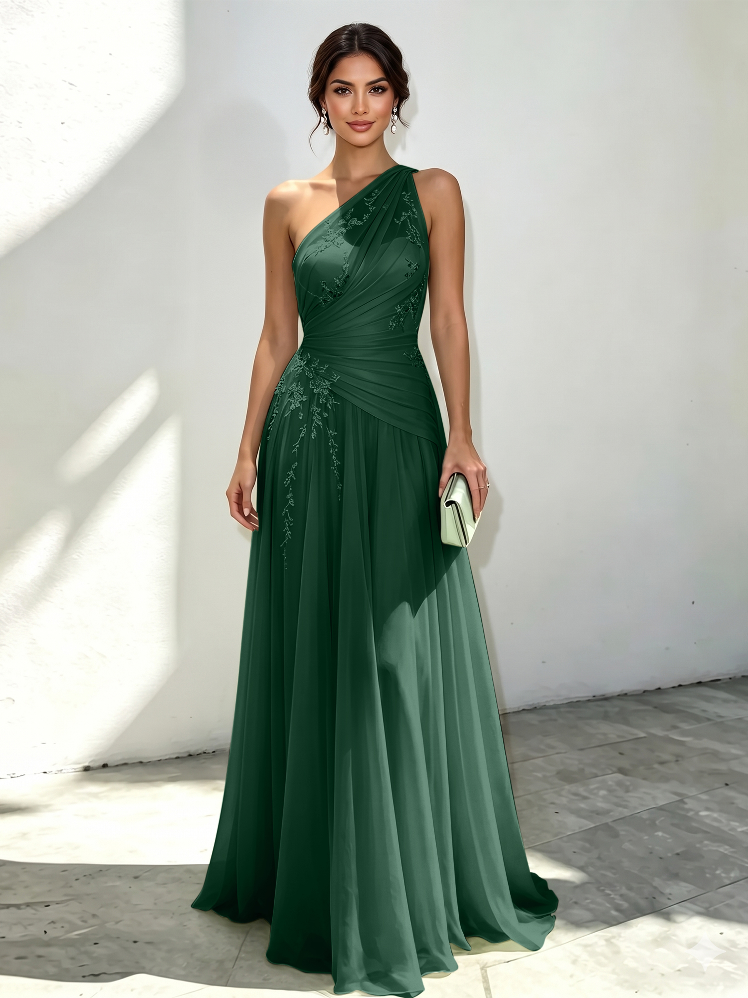 Ethereal Mint Green One-Shoulder Chiffon Evening Dress with Delicate Floral Embroidery