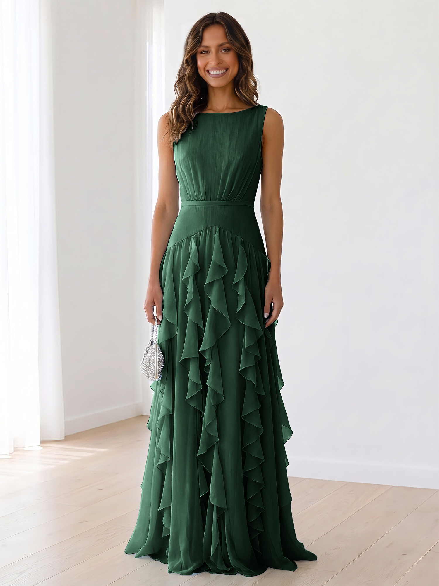 Ethereal Powder Blue Cascading Ruffle Maxi Formal Evening Dress