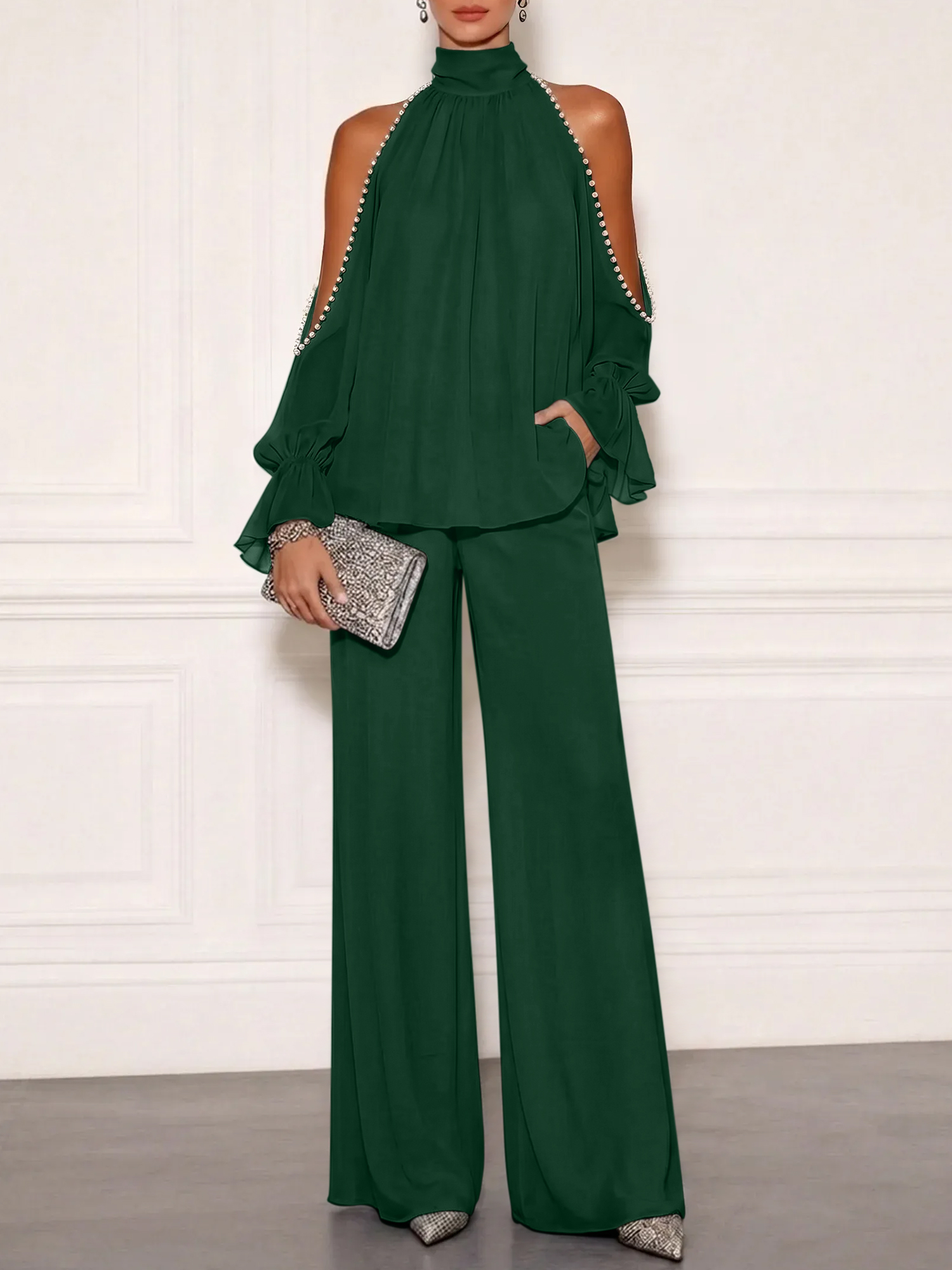 Sophisticated Embellished Cold Shoulder Formal Evening Jumpsuit