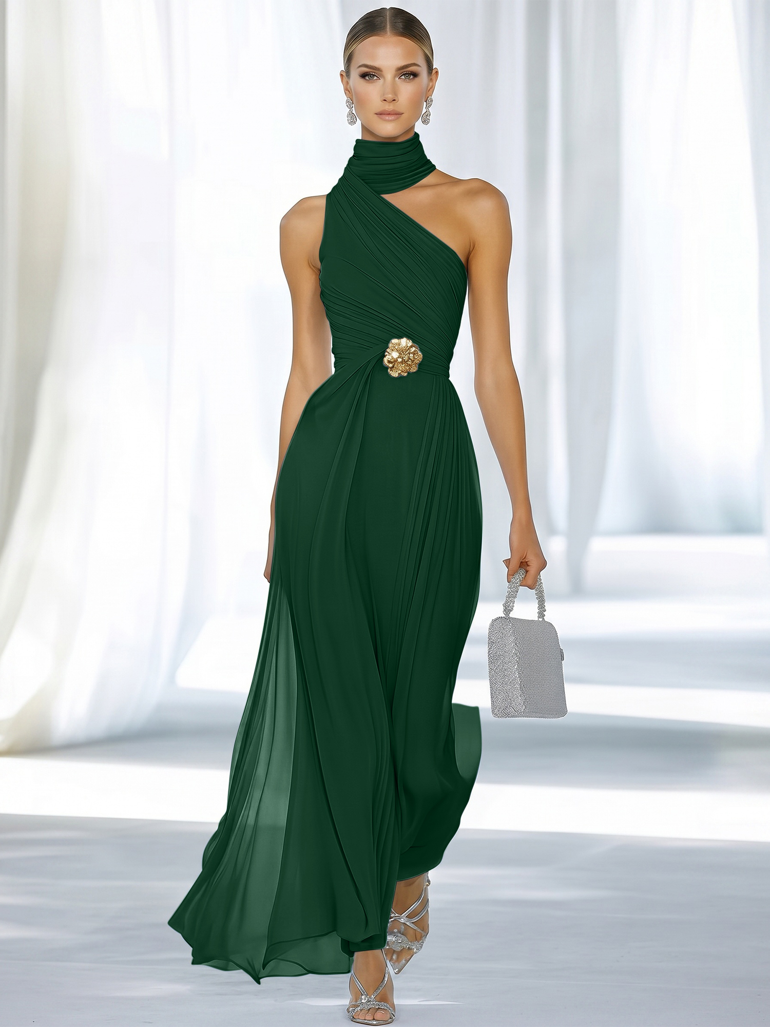 Sky Blue Pleated Chiffon Halter Strapless Formal Evening Dress