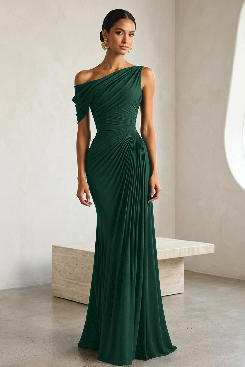 Timeless Black Architectural One-Shoulder Sheath Evening Gown
