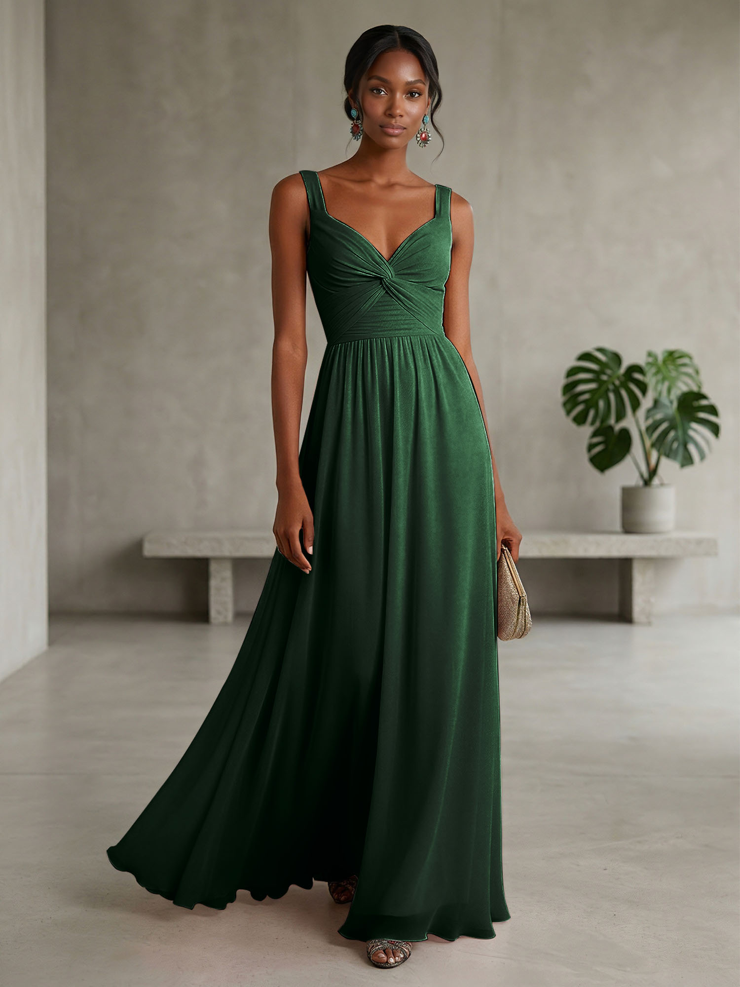 Elegant Soft Blush Twist-Front Chiffon Maxi Gown