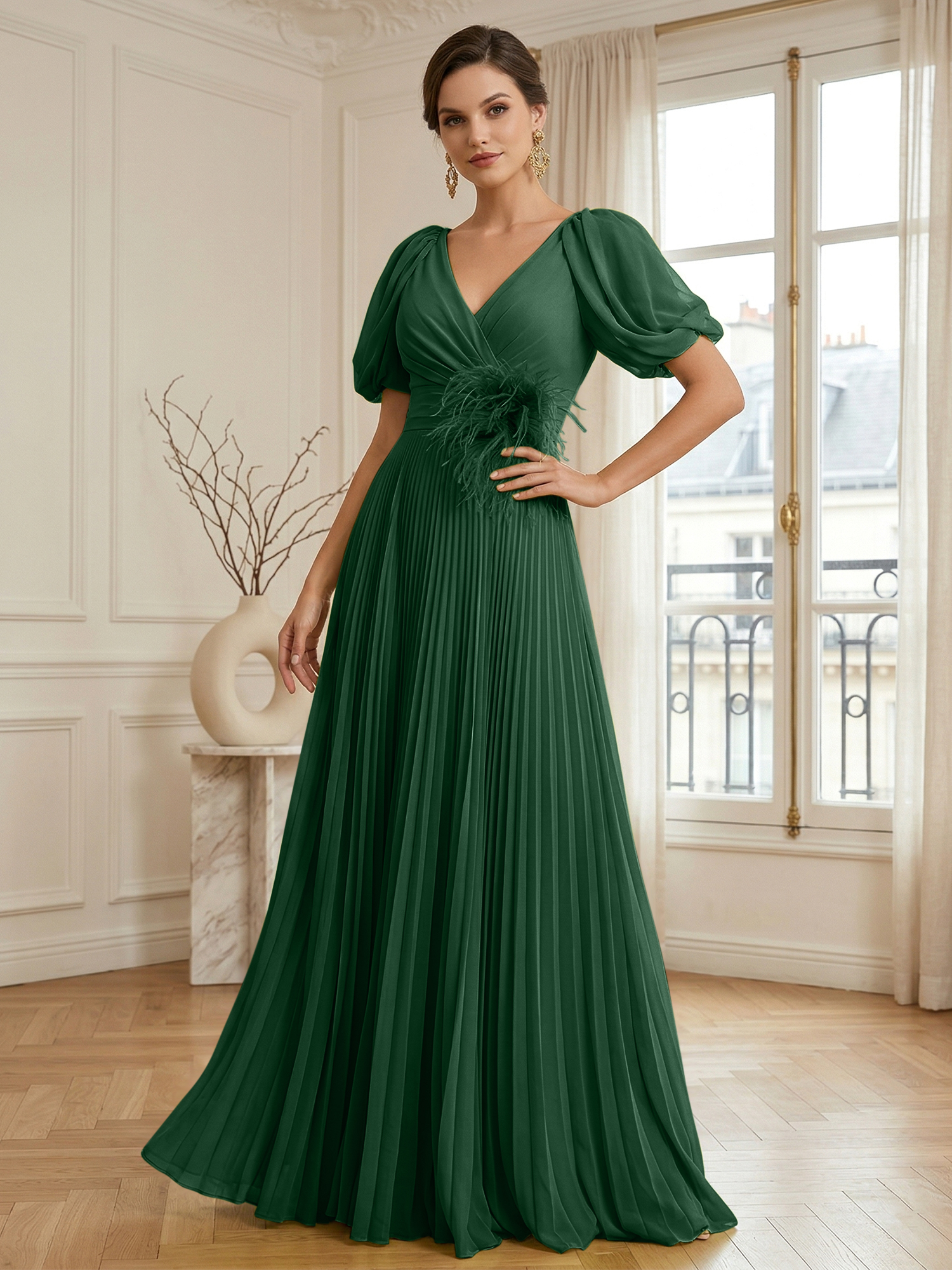 A-Line Chiffon Evening Gown with Feather V-Neck Short Sleeves Formal Dress