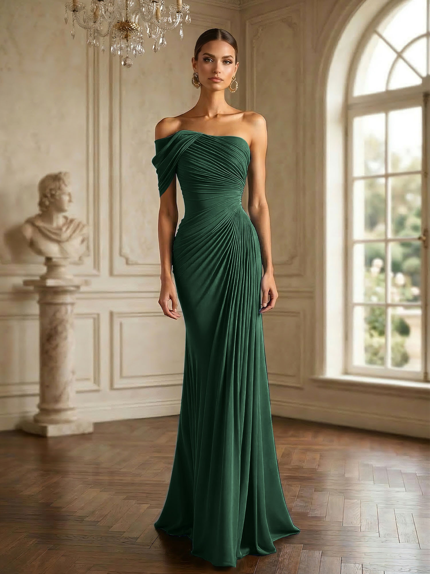 One Shoulder Pleat Mermaid Chiffon Evening Dresses for Women Gown