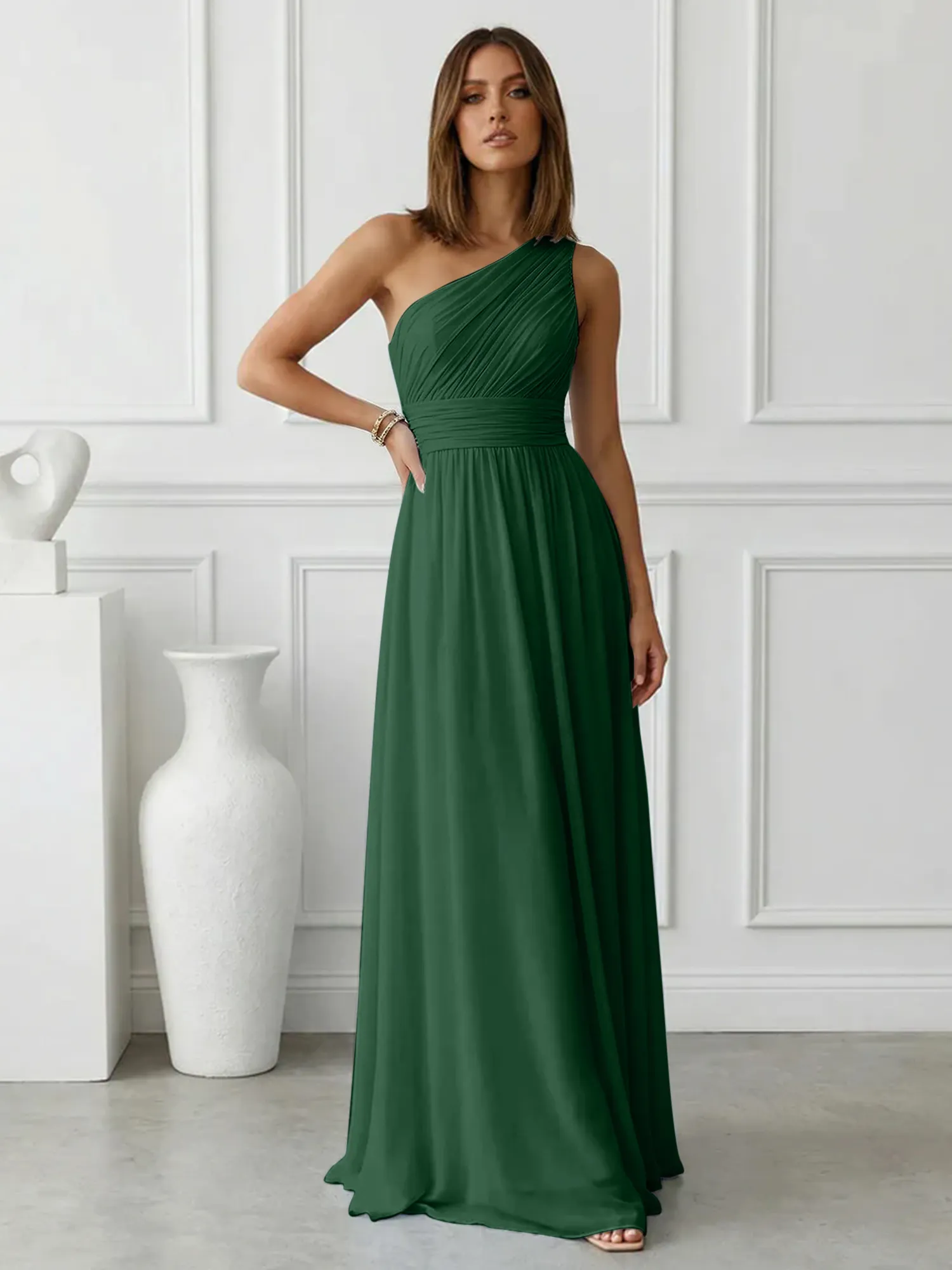 One-Shoulder Pleated Chiffon A-Line Evening Dress