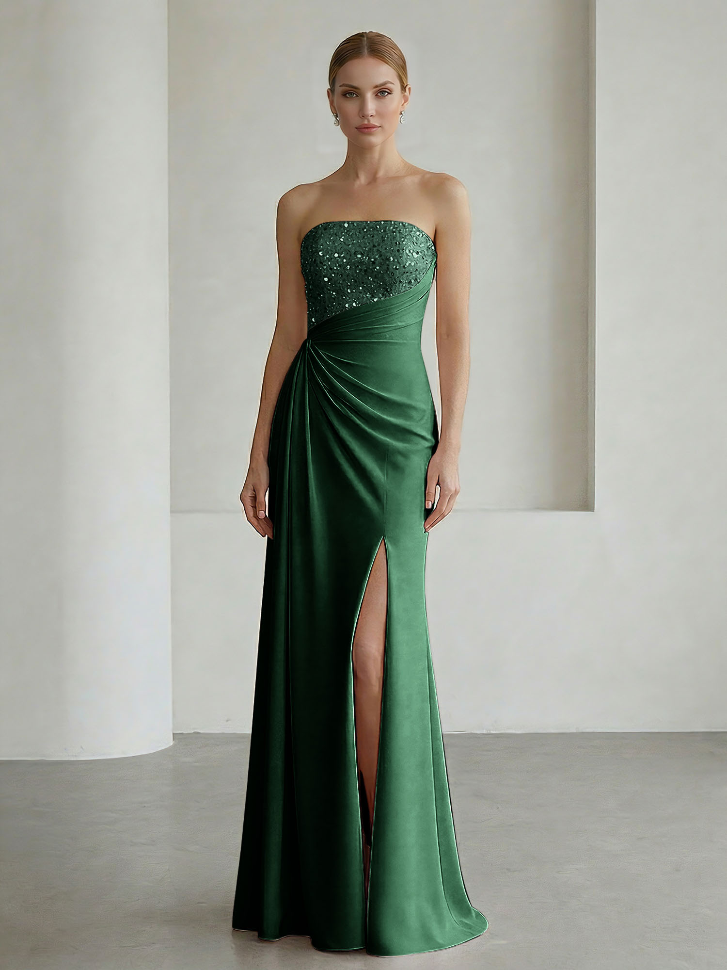 Glamorous Formal Evening Dress Soft Blush Beaded Strapless Slit Gown