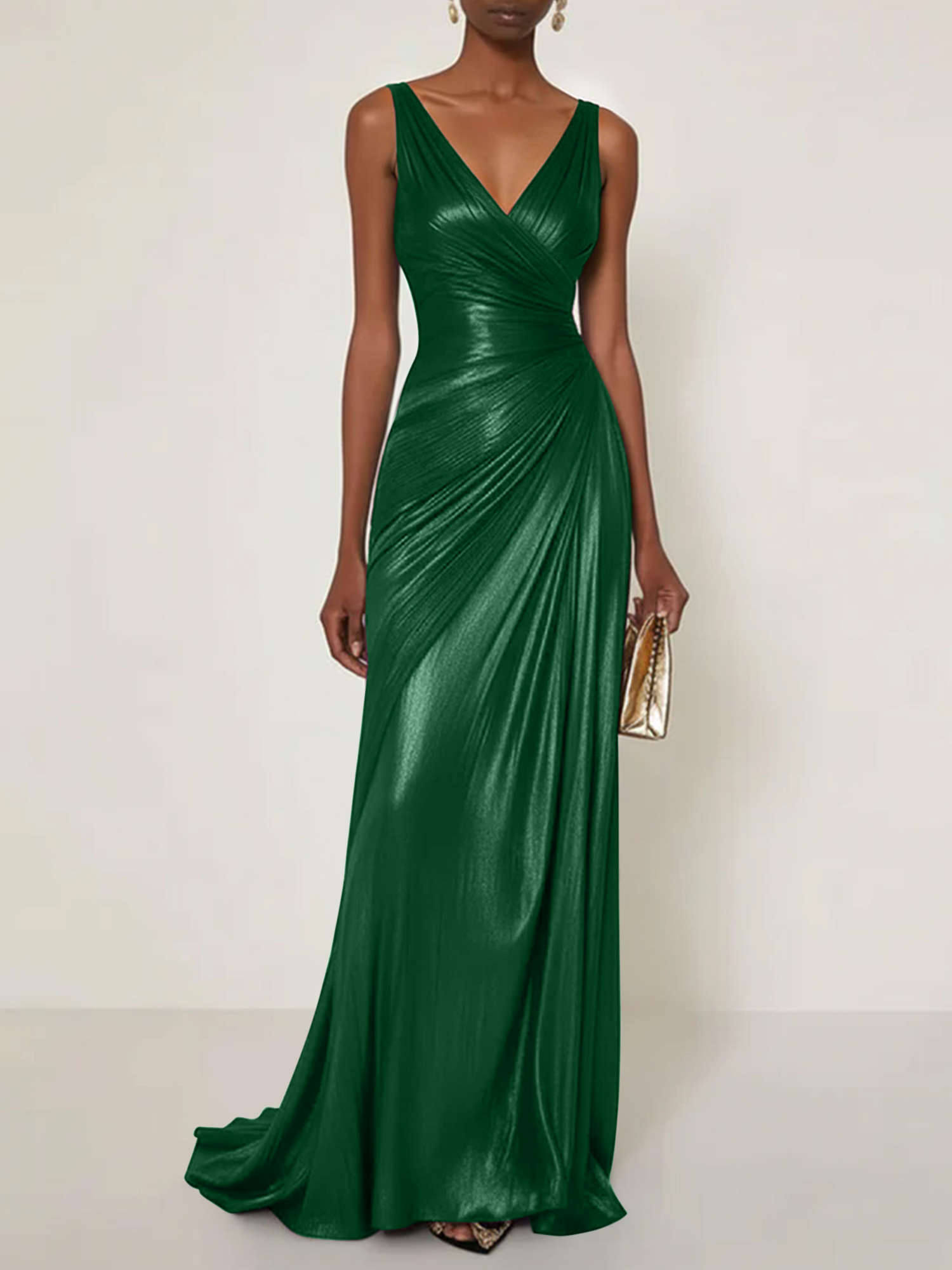 Evening Formal Dress V Neck Silk Ruffles Maxi Dress Gown