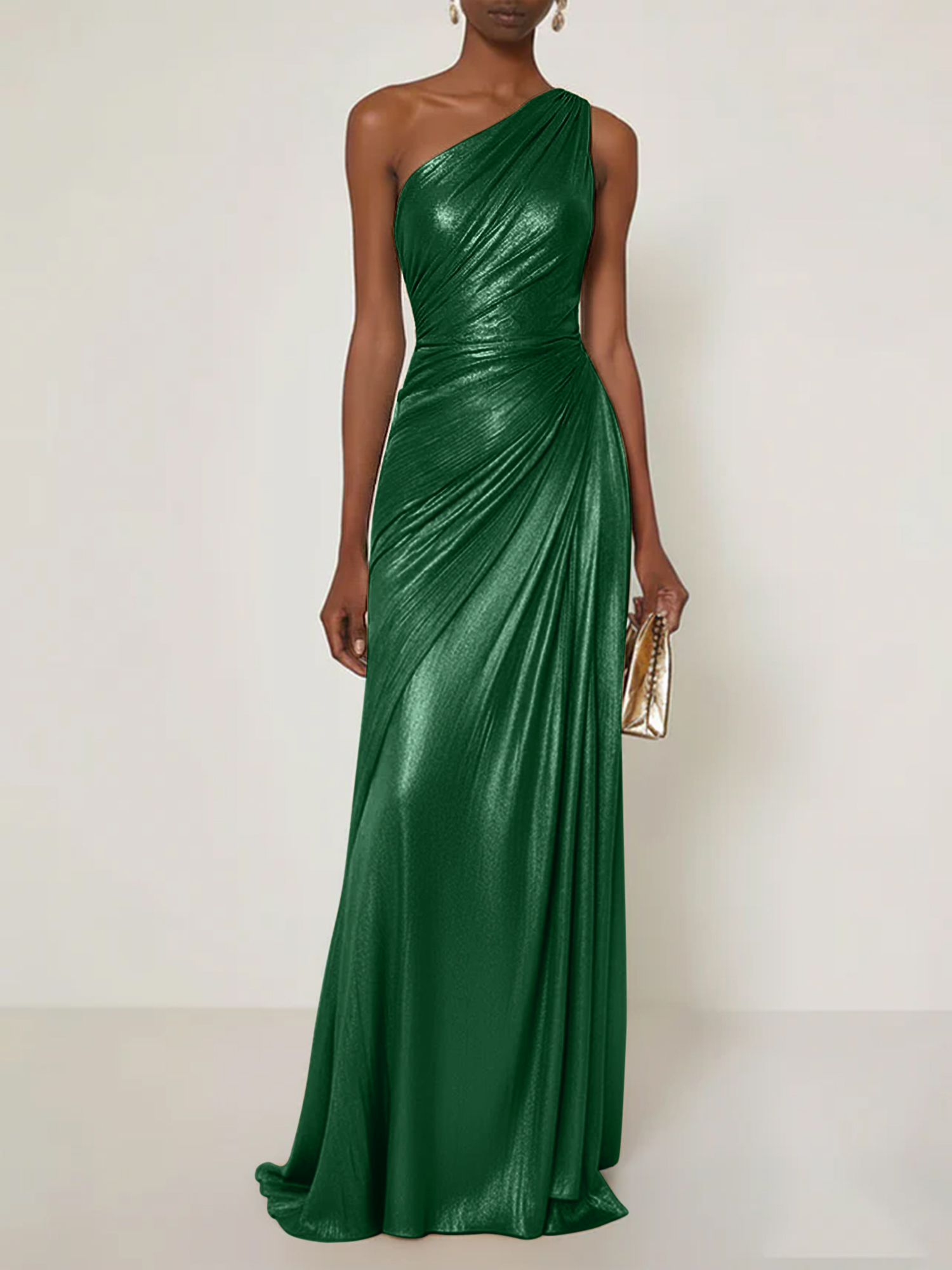 Evening Formal Dress V Neck One Shoulder Silk Ruffles Maxi Dress