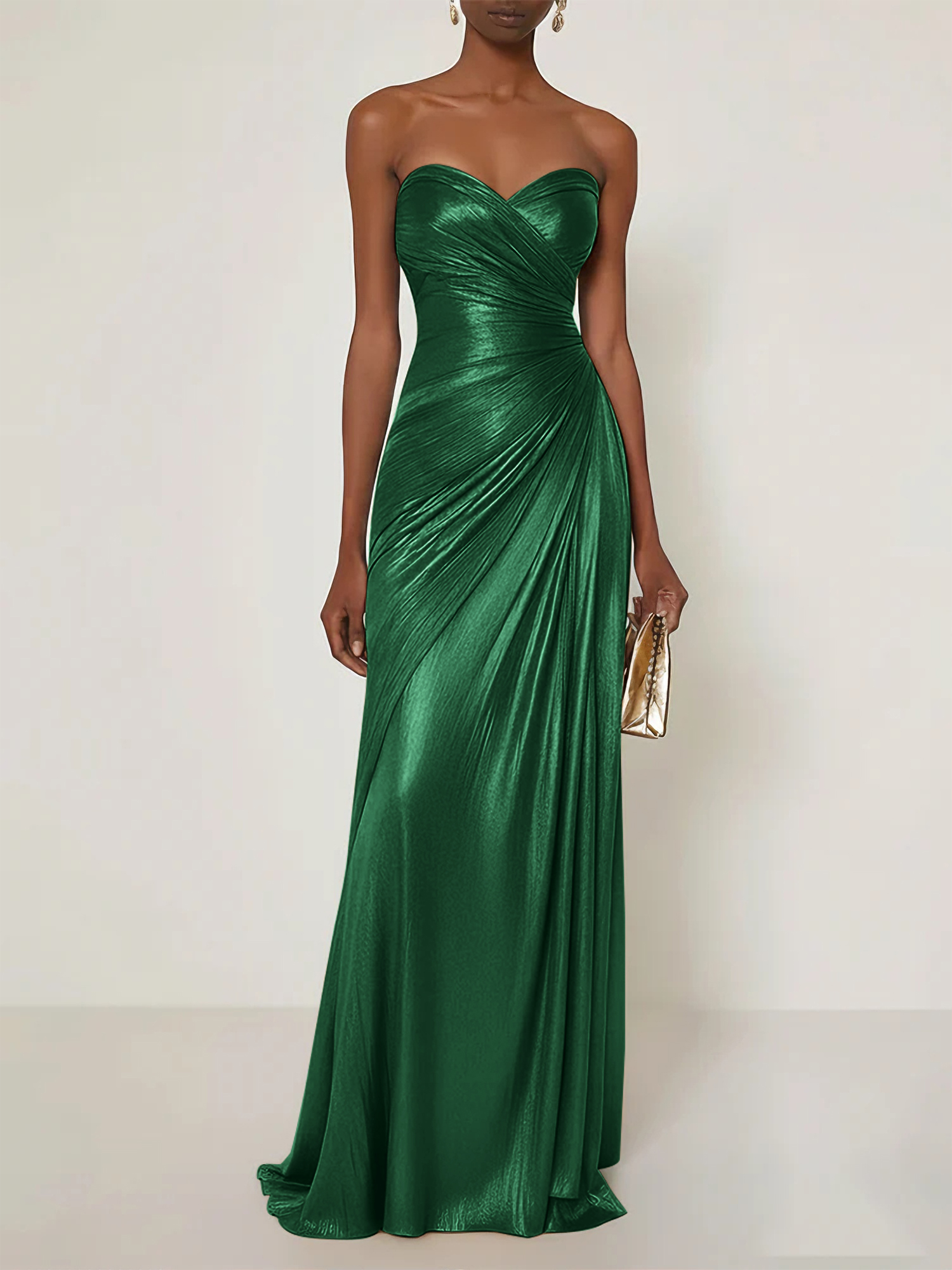 Evening Formal Dress V Neck Silk Ruffles Strapless Maxi Dress