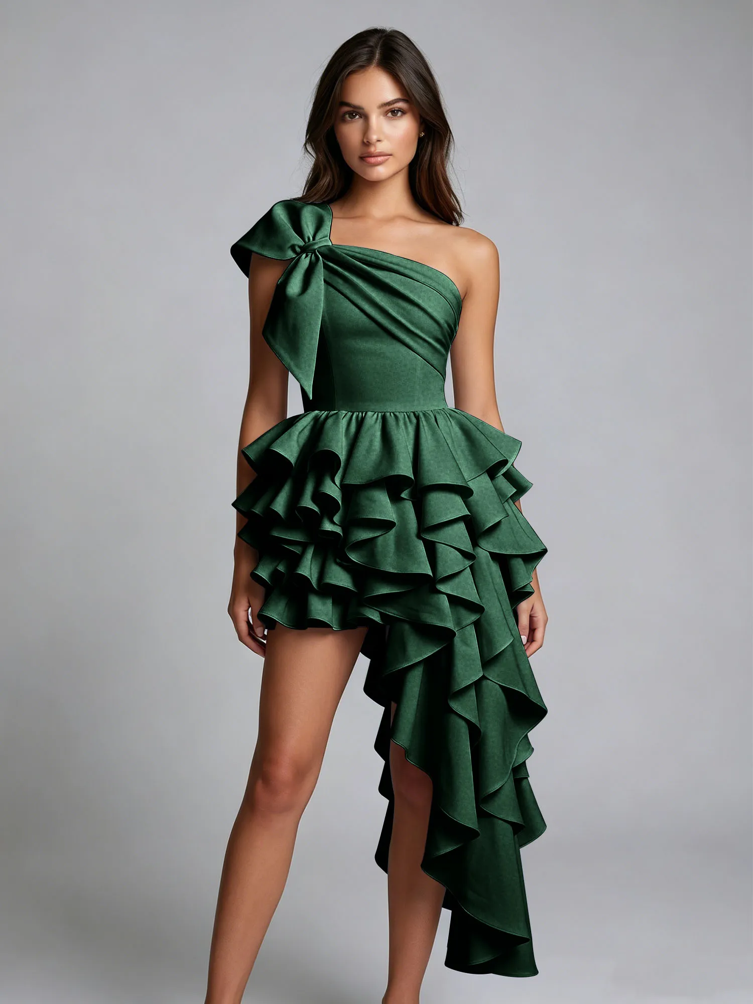 One-Shoulder Bow Tiered Ruffle Asymmetrical Homecoming Dress