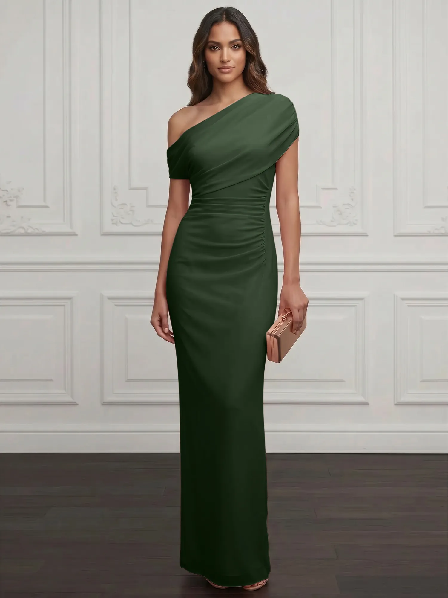 One-Shoulder Draped Chiffon Evening Gown