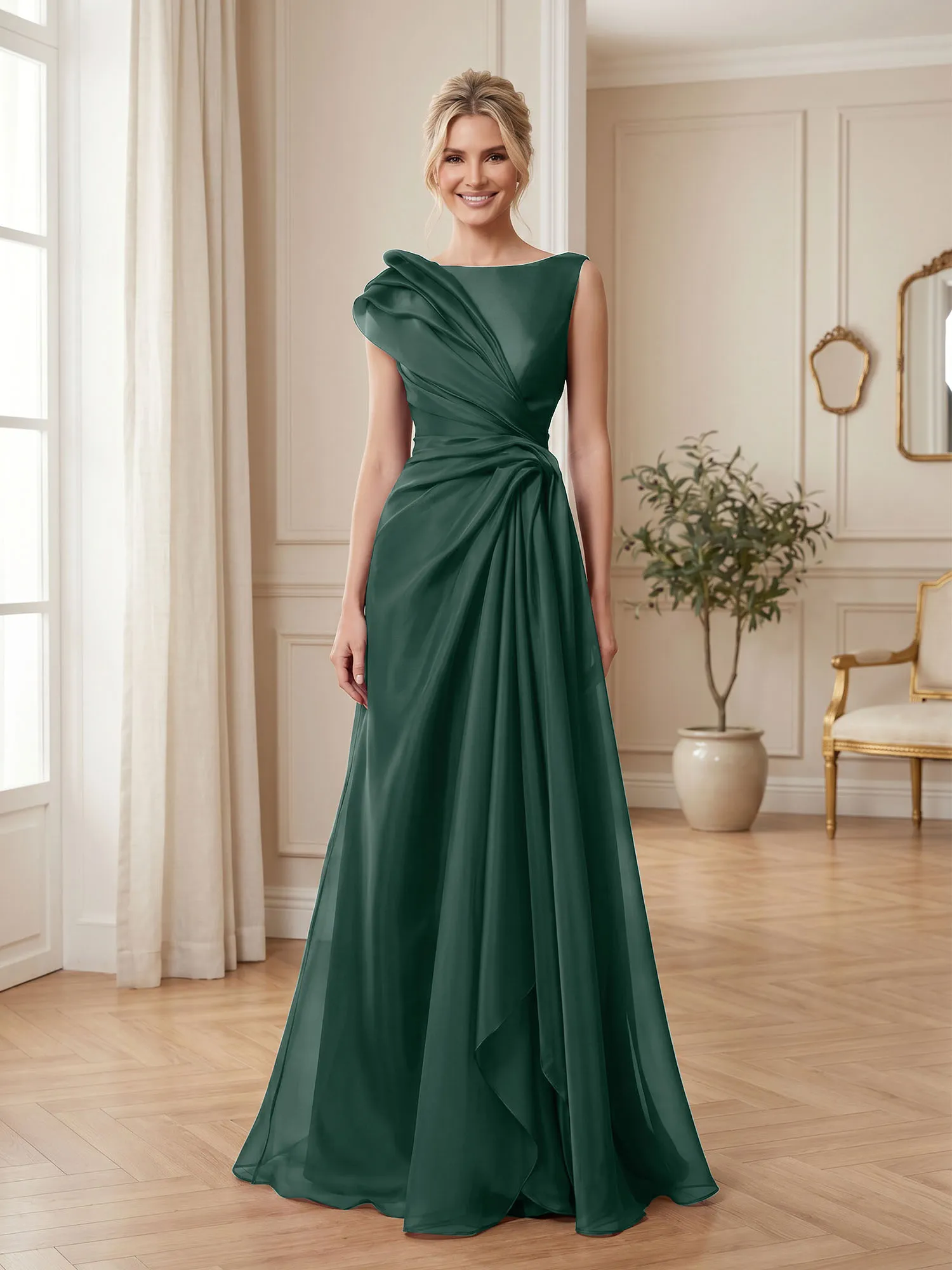 A Line Ruched Draped Tulle Evening Gown