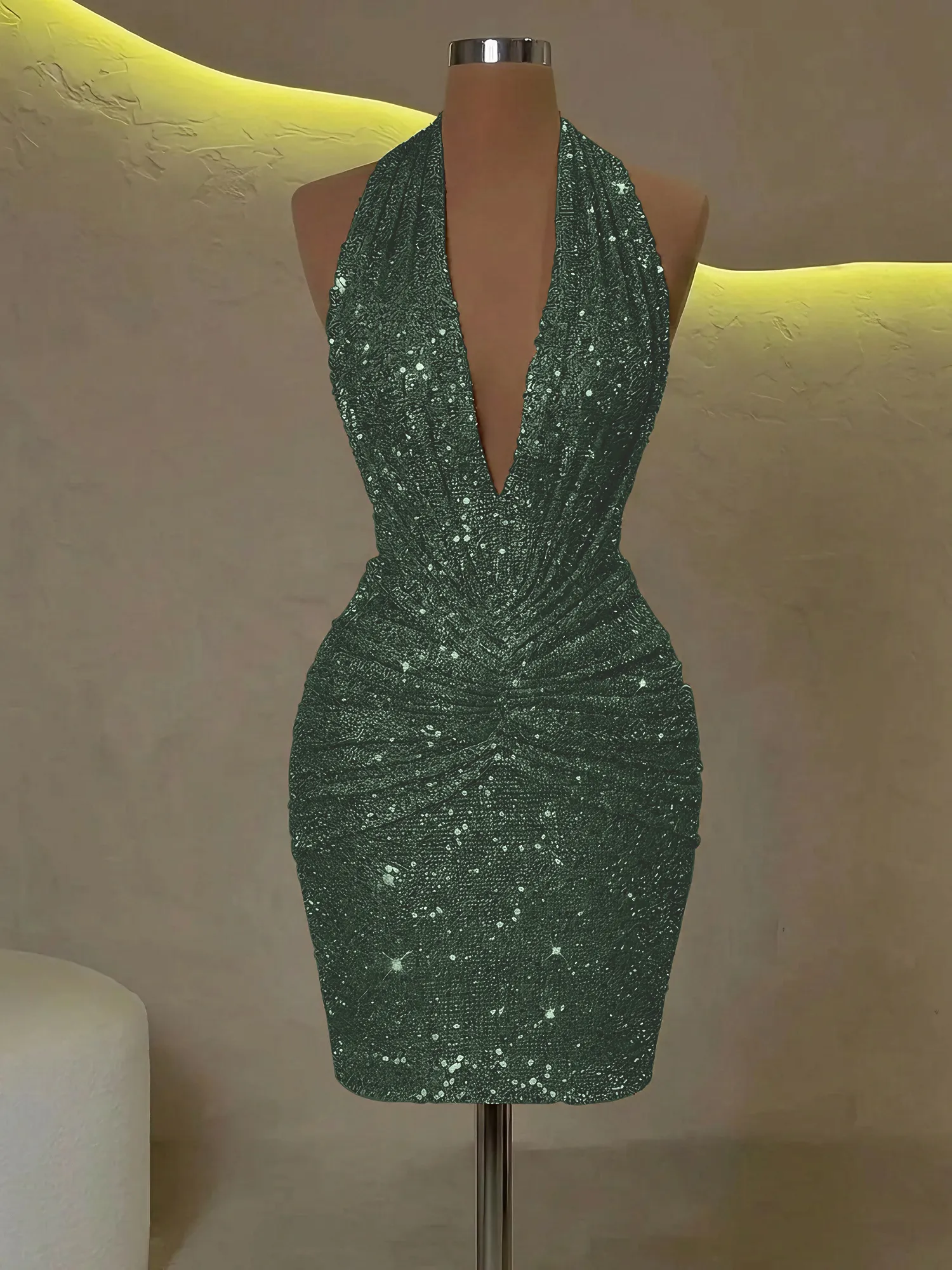 Sequin Halter Deep V-Neck Bodycon Homecoming Dress Mini Dress