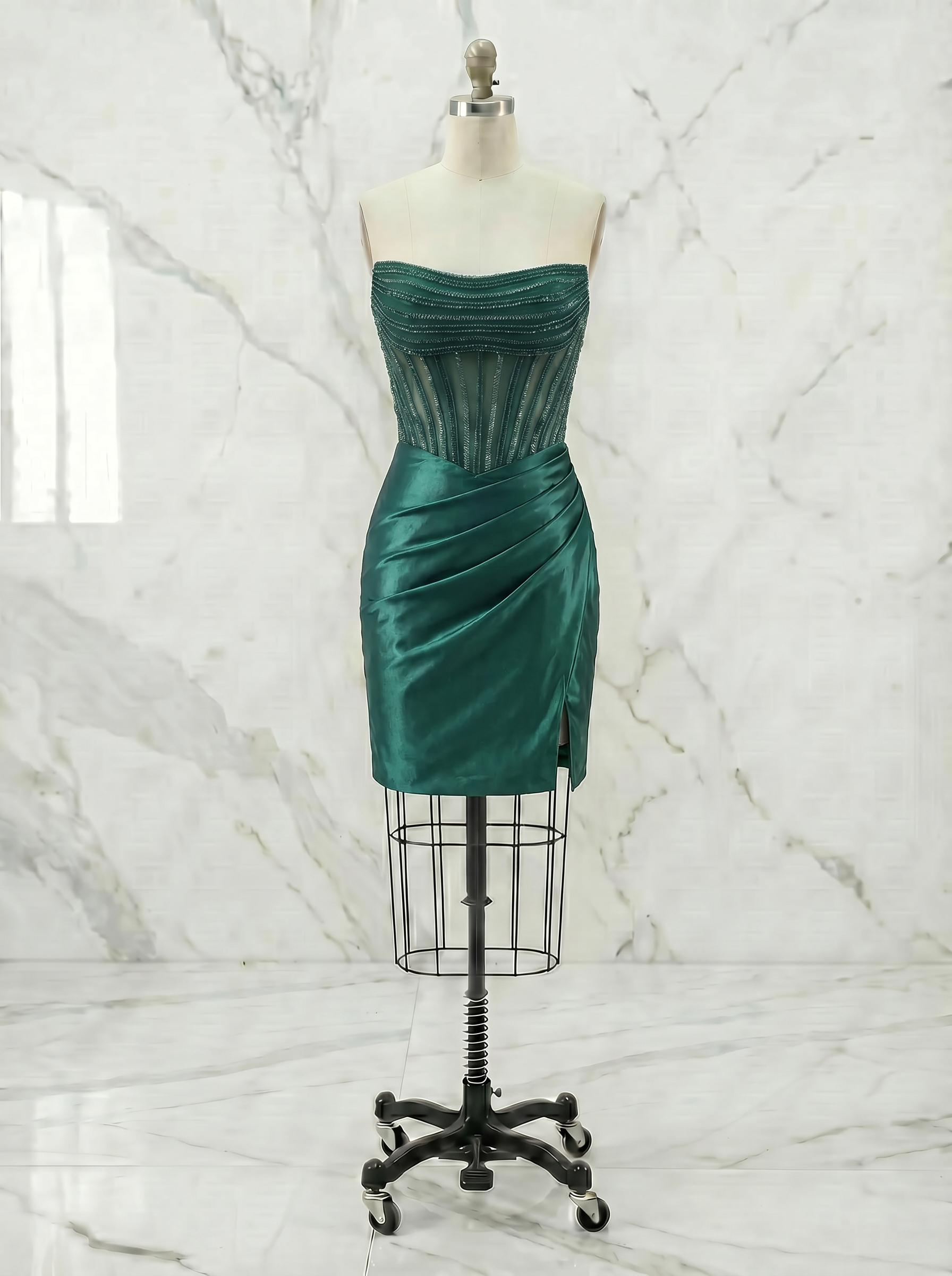 Emerald Green Strapless Beaded Corset Satin Homecoming Mini Dress