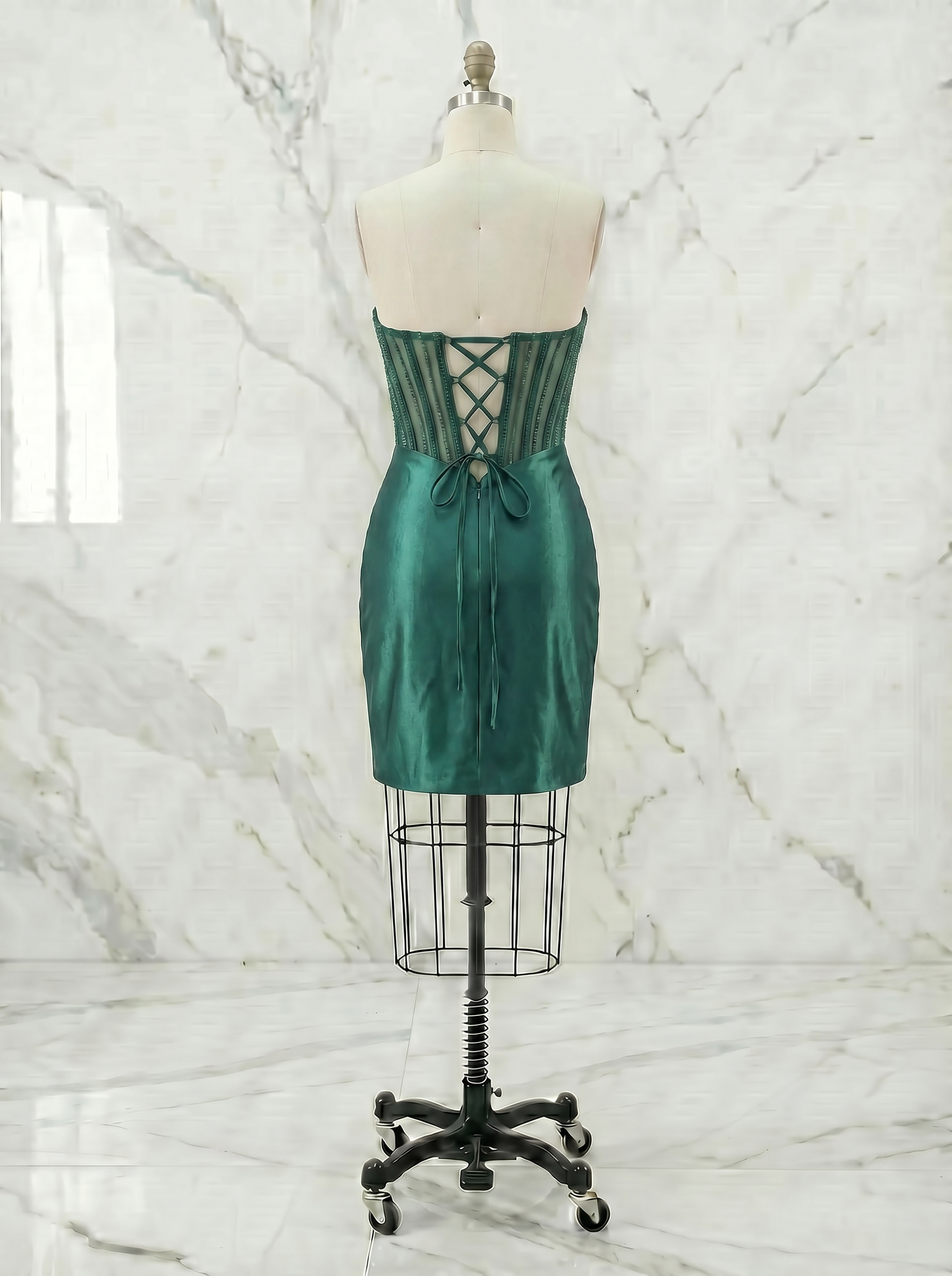 Emerald Green Strapless Beaded Corset Satin Homecoming Mini Dress