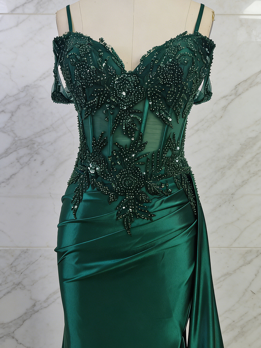 Emerald Green Sweetheart Beaded Lace Corset Satin Long Prom Dress