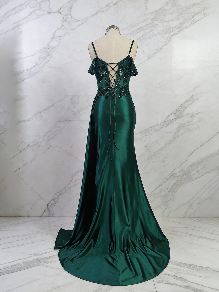 Emerald Green Sweetheart Beaded Lace Corset Satin Long Prom Dress