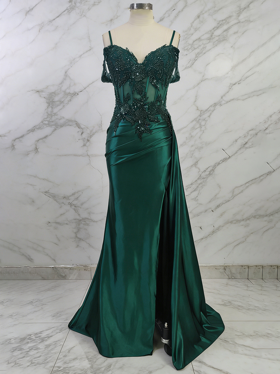 Emerald Green Sweetheart Beaded Lace Corset Satin Long Prom Dress