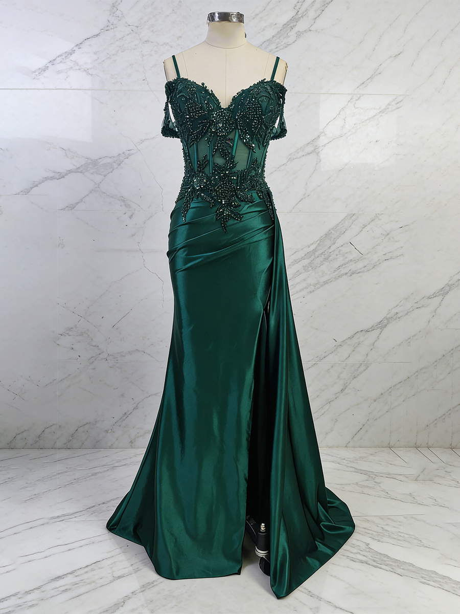 Emerald Green Sweetheart Beaded Lace Corset Satin Long Prom Dress