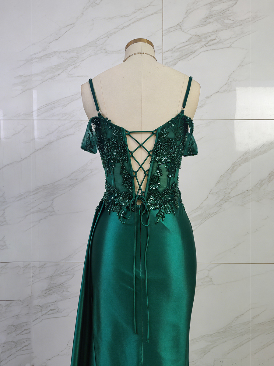 Emerald Green Sweetheart Beaded Lace Corset Satin Long Prom Dress