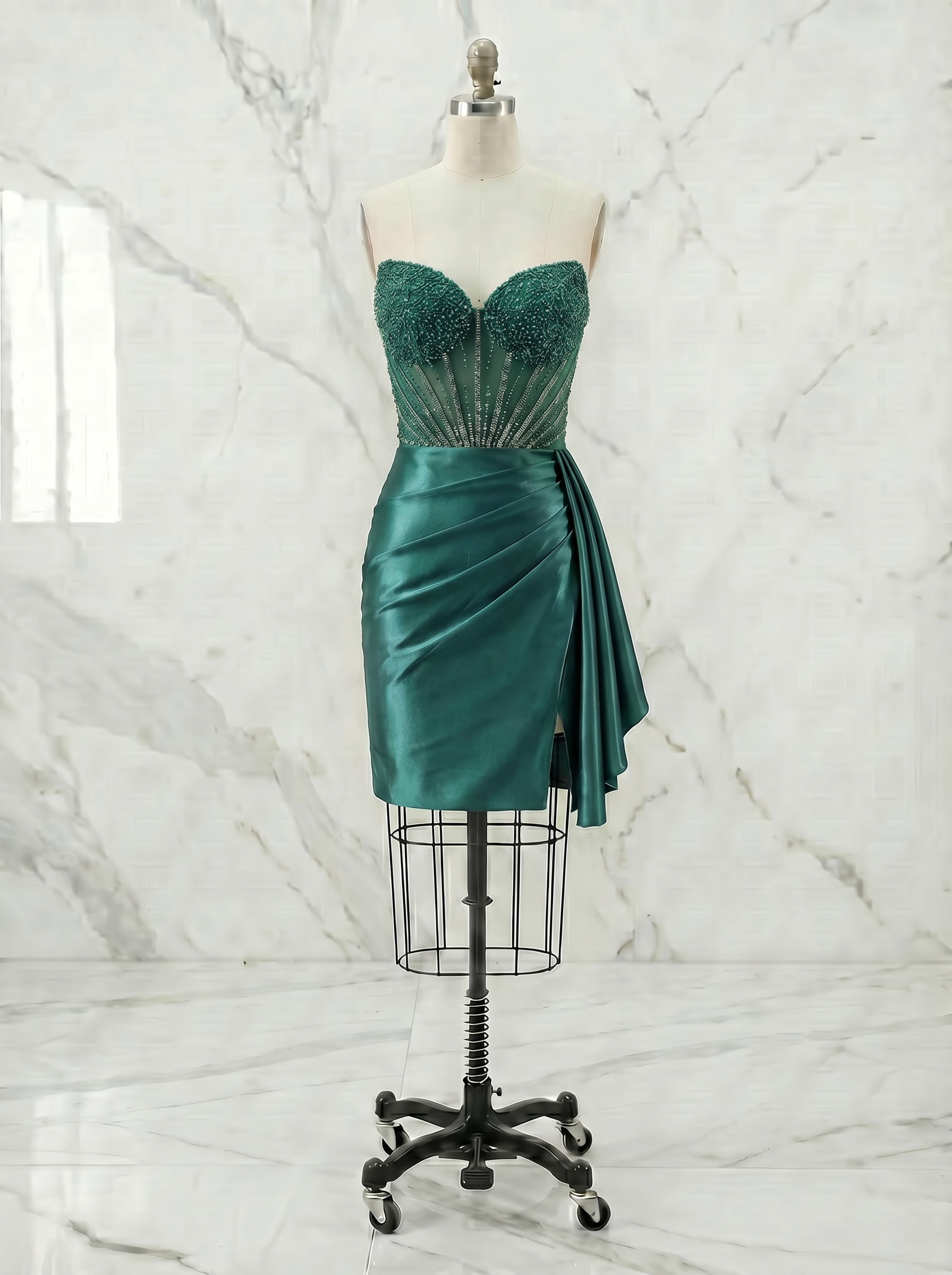 Emerald Strapless Beaded Corset Homecoming Mini Dress with Draped Sash