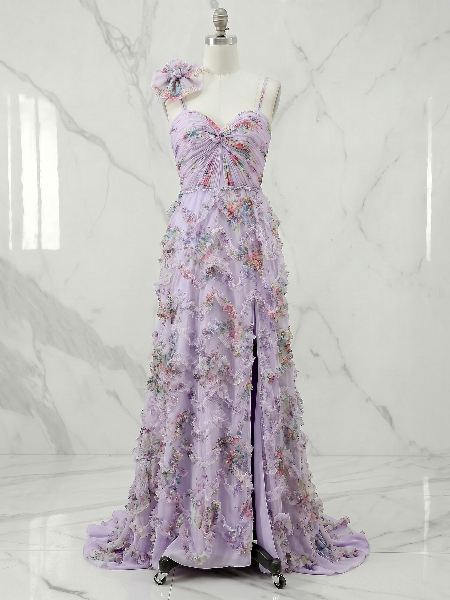 Ethereal Watercolor Floral 3D Ruffled Slit Evening Formal Gown