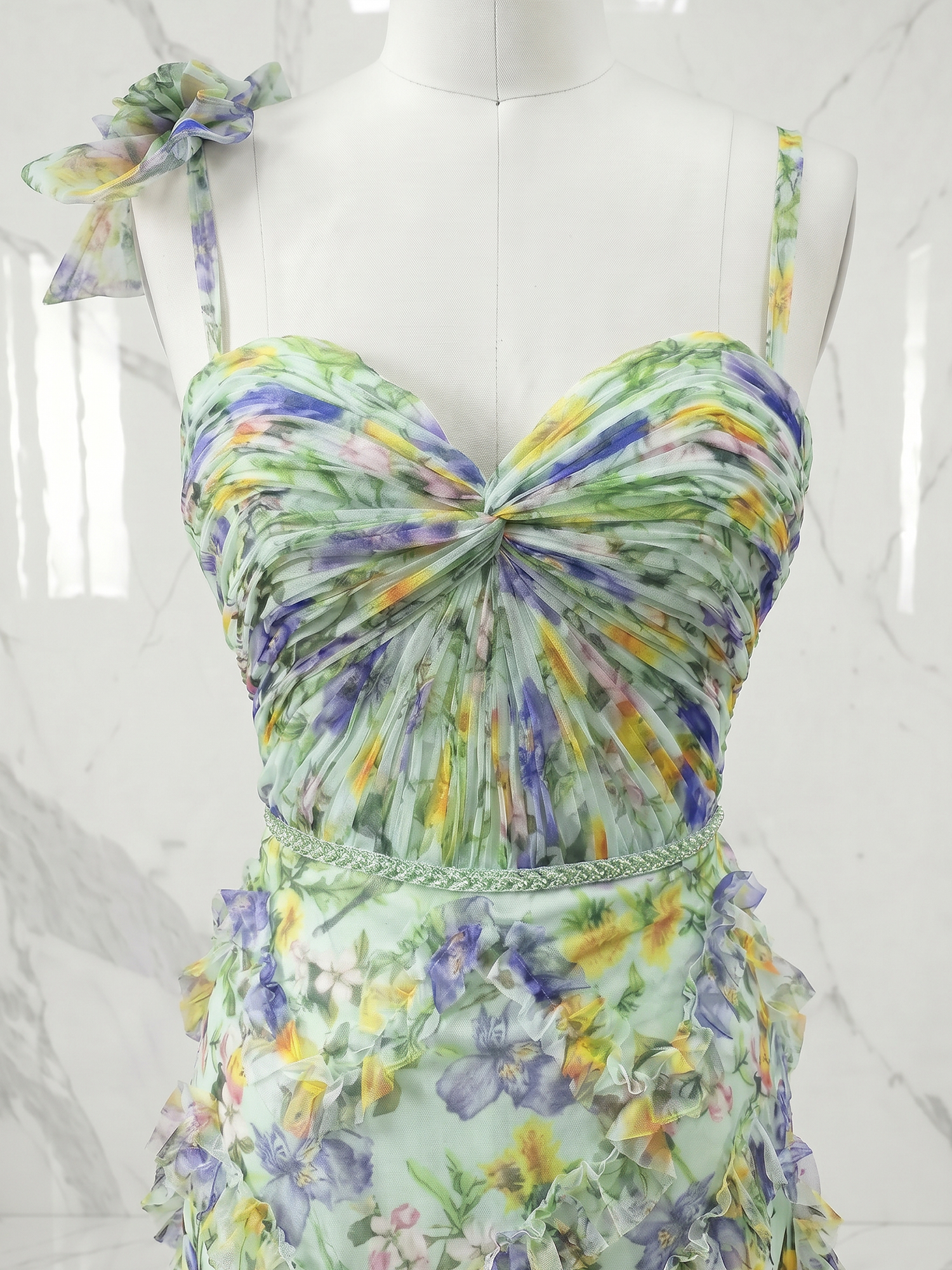 Ethereal Watercolor Floral 3D Ruffled Slit Evening Formal Gown
