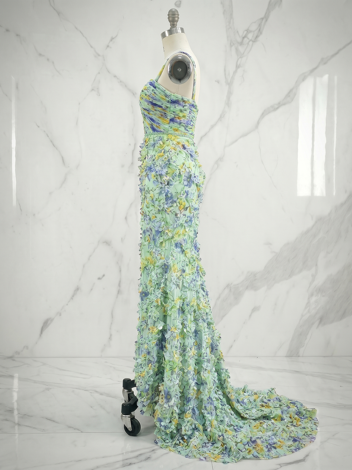 Ethereal Watercolor Floral 3D Ruffled Slit Evening Formal Gown