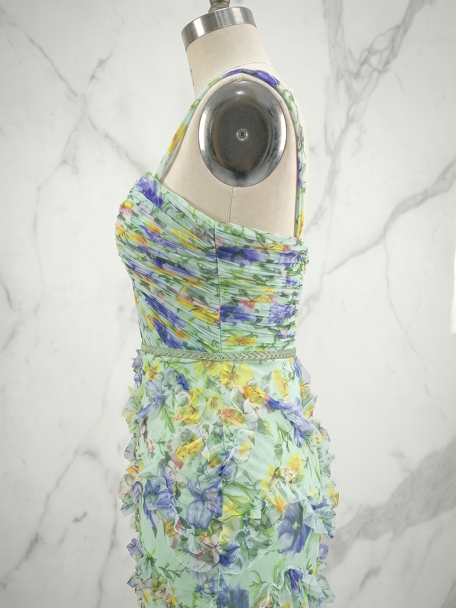 Ethereal Watercolor Floral 3D Ruffled Slit Evening Formal Gown