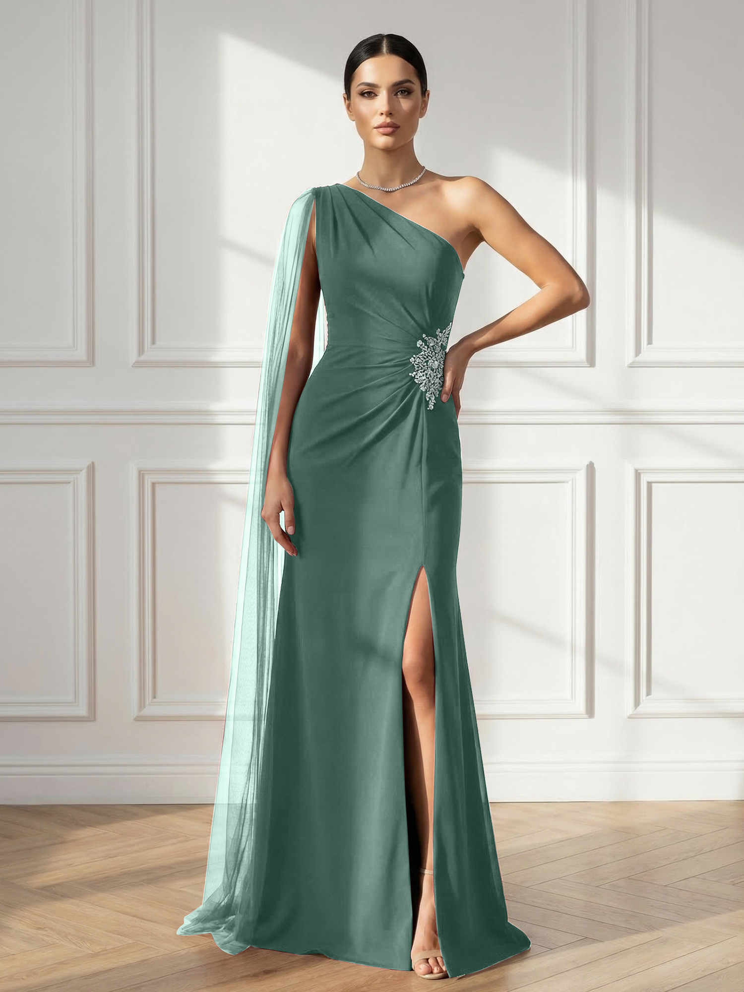 Formal Evening Dress Burgundy One Shoulder Slit Maxi Dress Gown