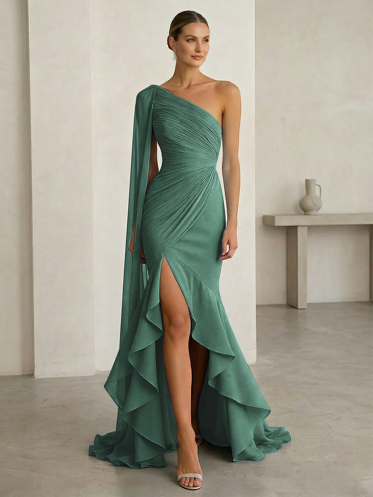 One-Shoulder Cape Sleeve Draped Mermaid Gown with Ruffle Hem