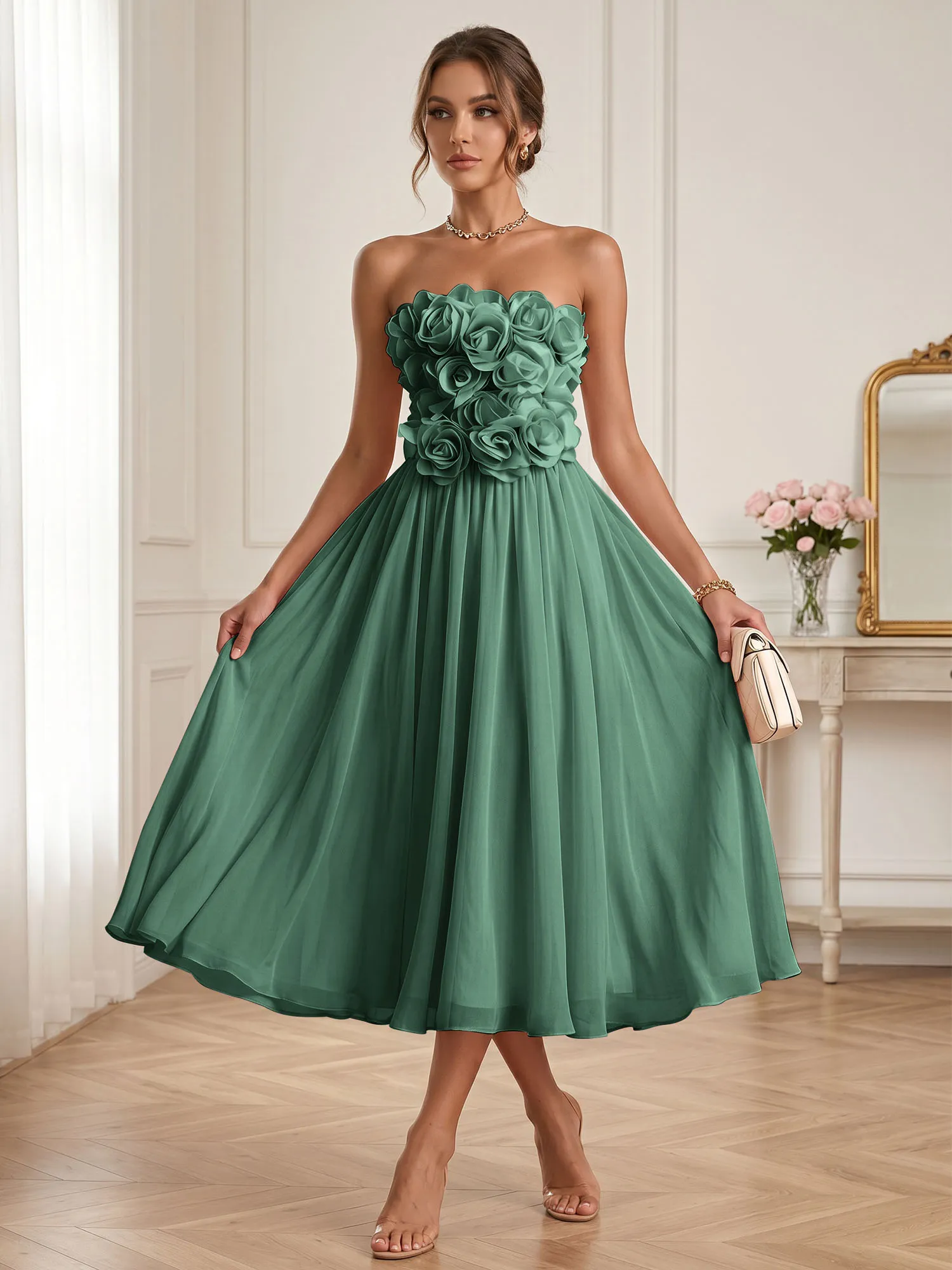 Strapless 3D Floral Chiffon A-Line Midi Formal Dress