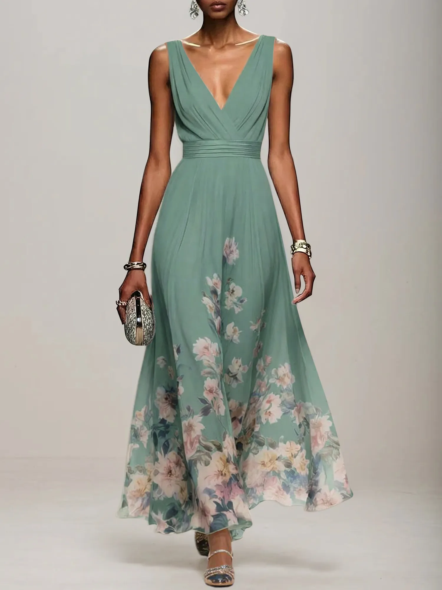 V-Neck Floral Print Chiffon Maxi Evening Dress with Satin Waist Bow