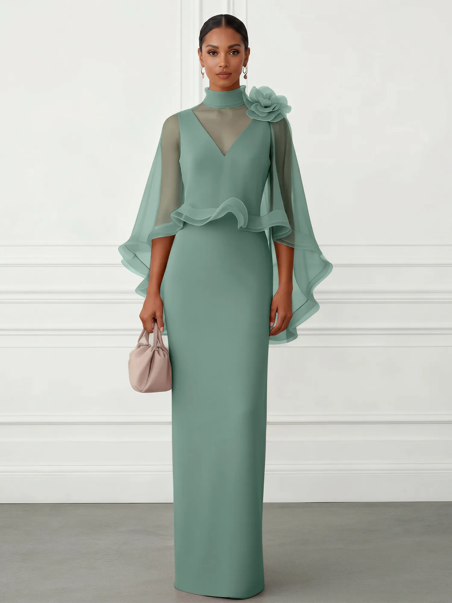 High-Neck Chiffon Cape Sleeve Sheath Evening Gown
