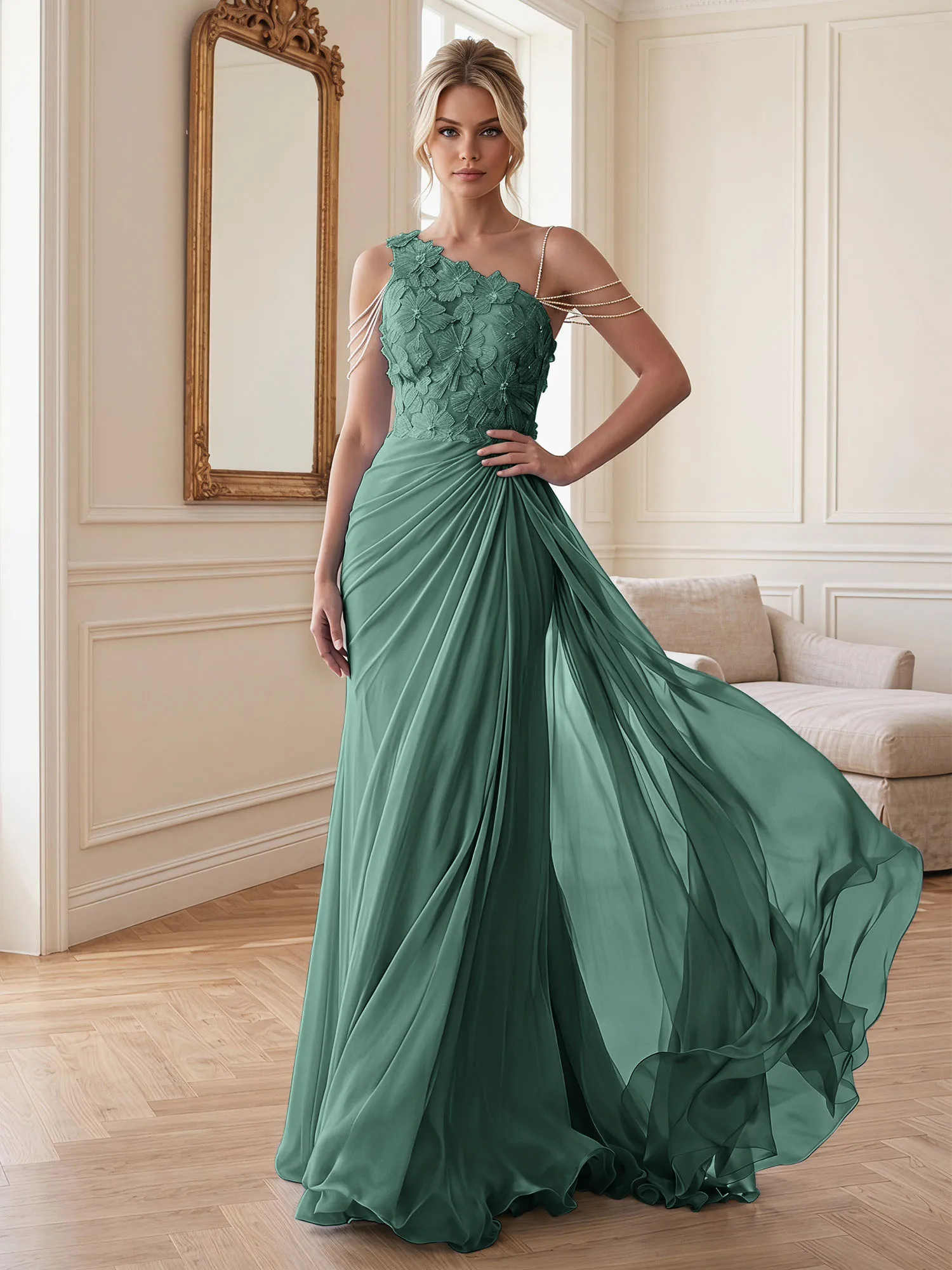 One-Shoulder Floral Lace Chiffon Evening Gown