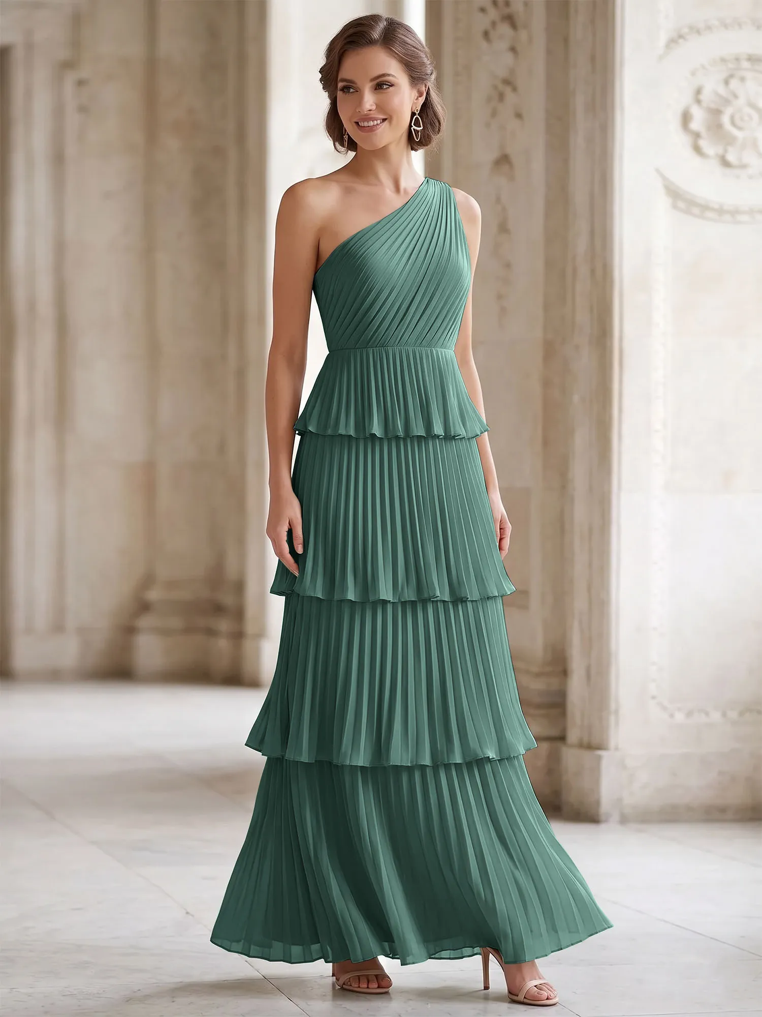 One-Shoulder Tiered Pleated Chiffon Evening Gown