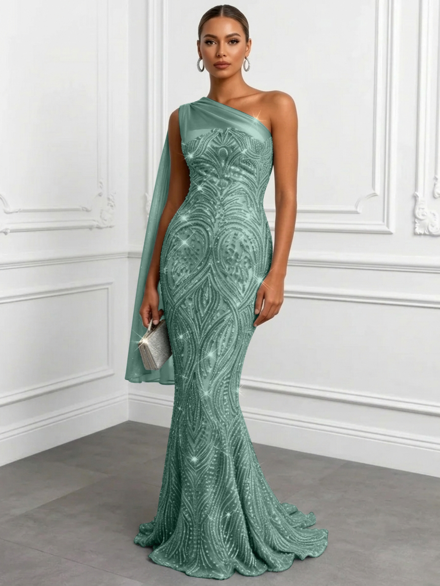 Shimmering Sage One-Shoulder Sequin Mermaid Evening Dress