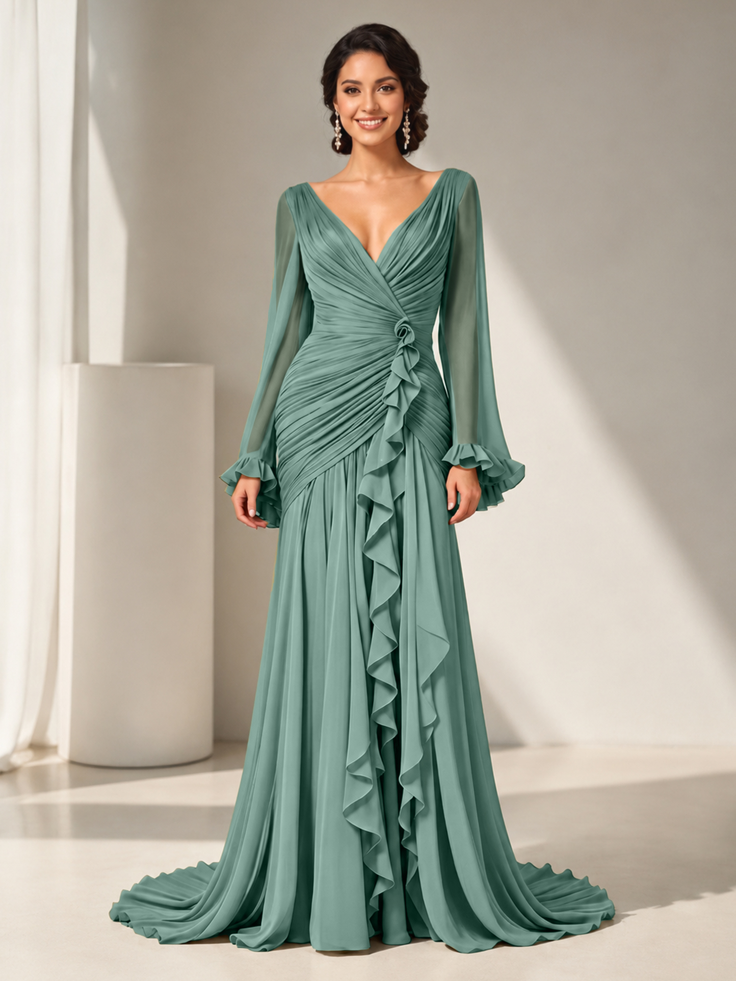 Grecian Olive Green Ruched Long-Sleeve Cascading Ruffle Formal Evening Dress