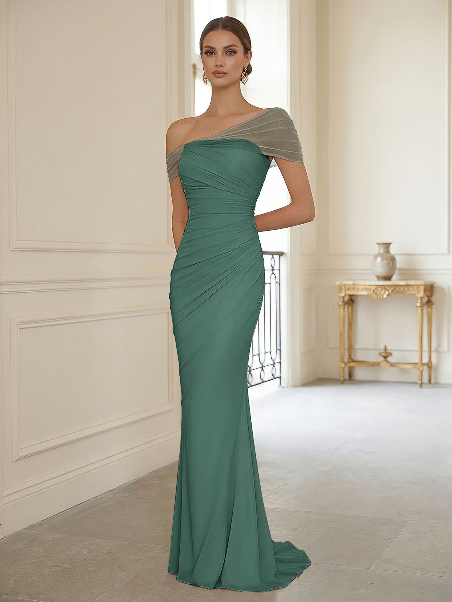 Sophisticated Blush Pink Asymmetrical Ruched Maxi Dress Evening Gown