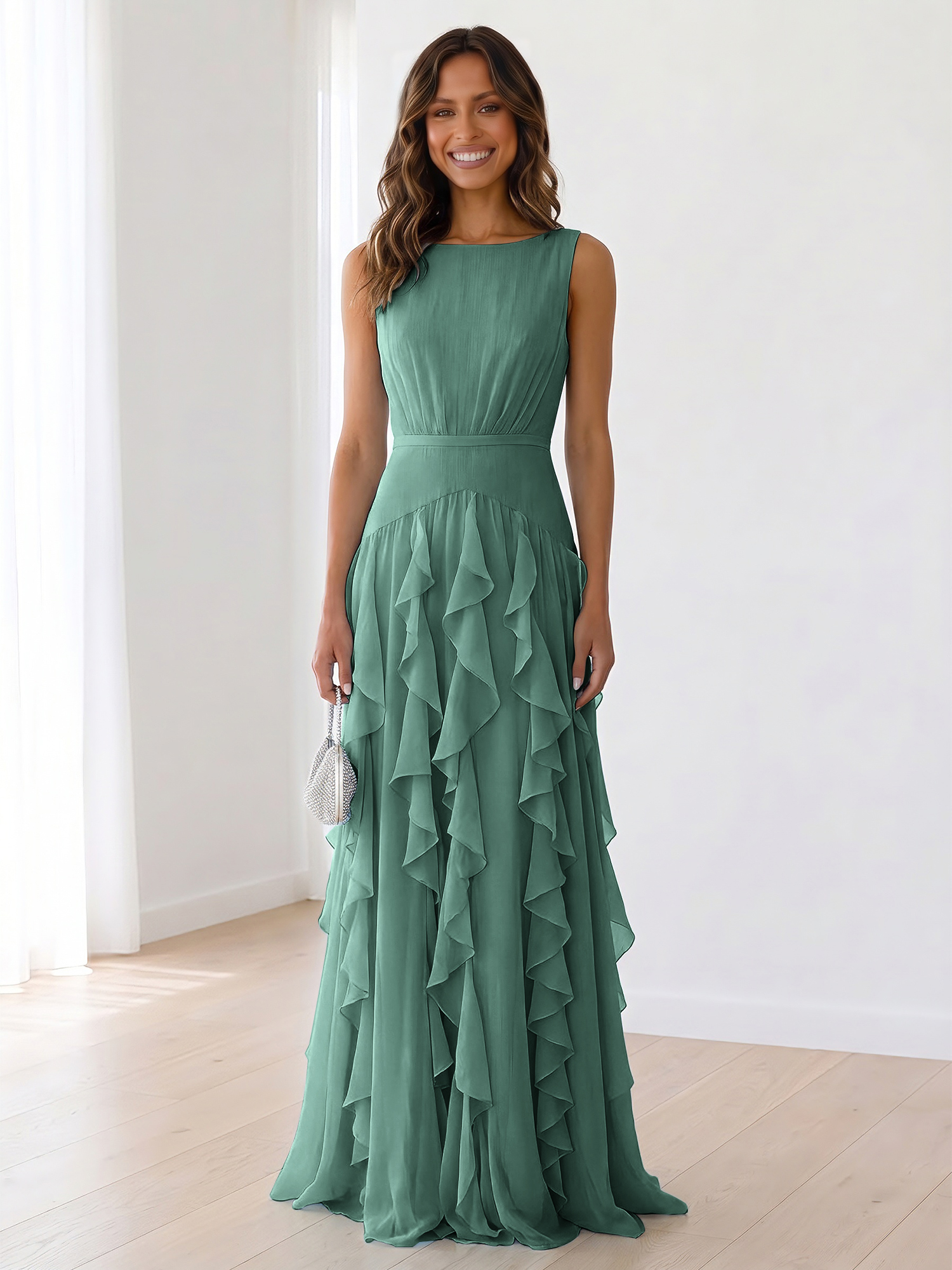 Ethereal Powder Blue Cascading Ruffle Maxi Formal Evening Dress