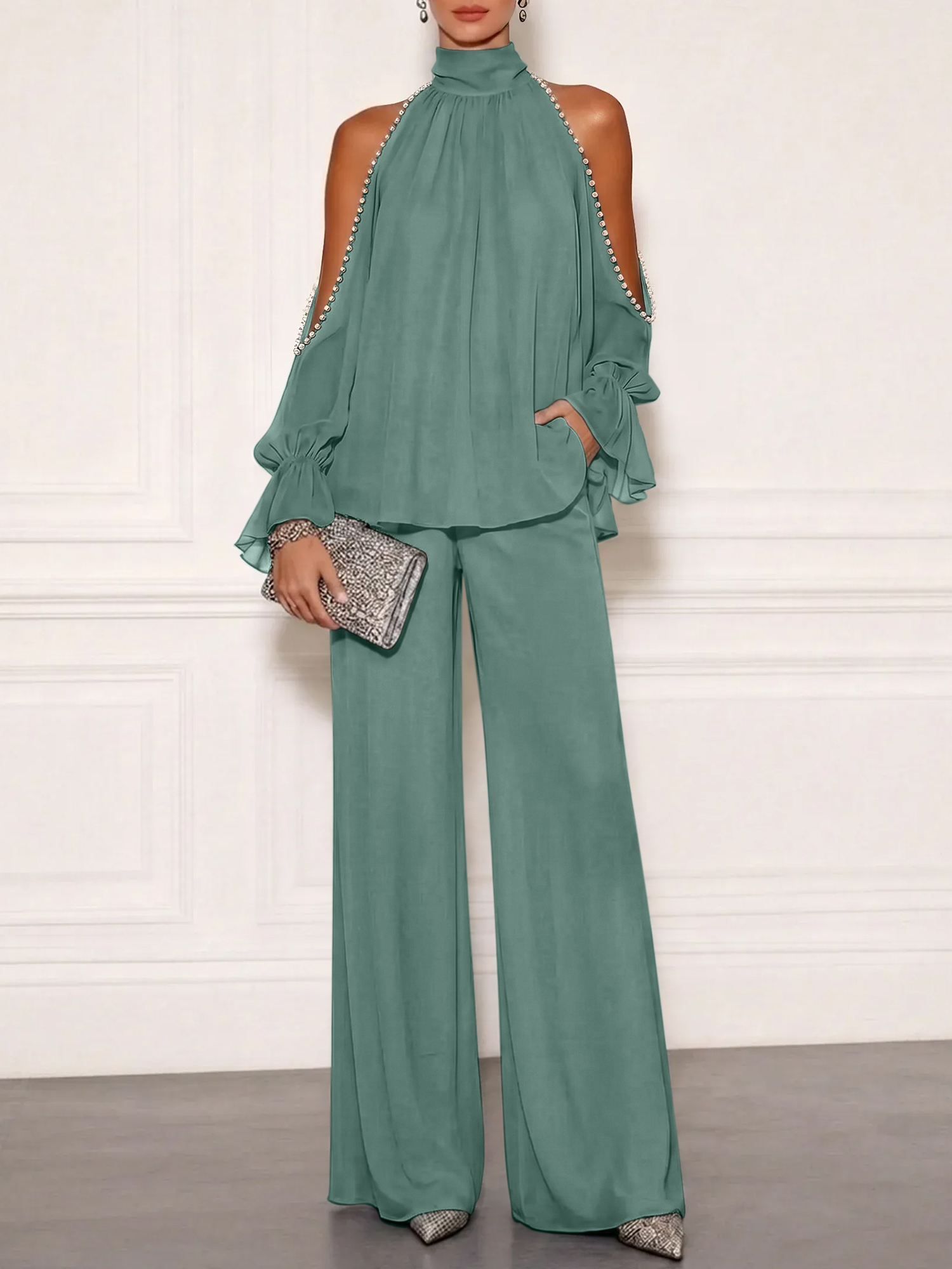 Sophisticated Embellished Cold Shoulder Formal Evening Jumpsuit