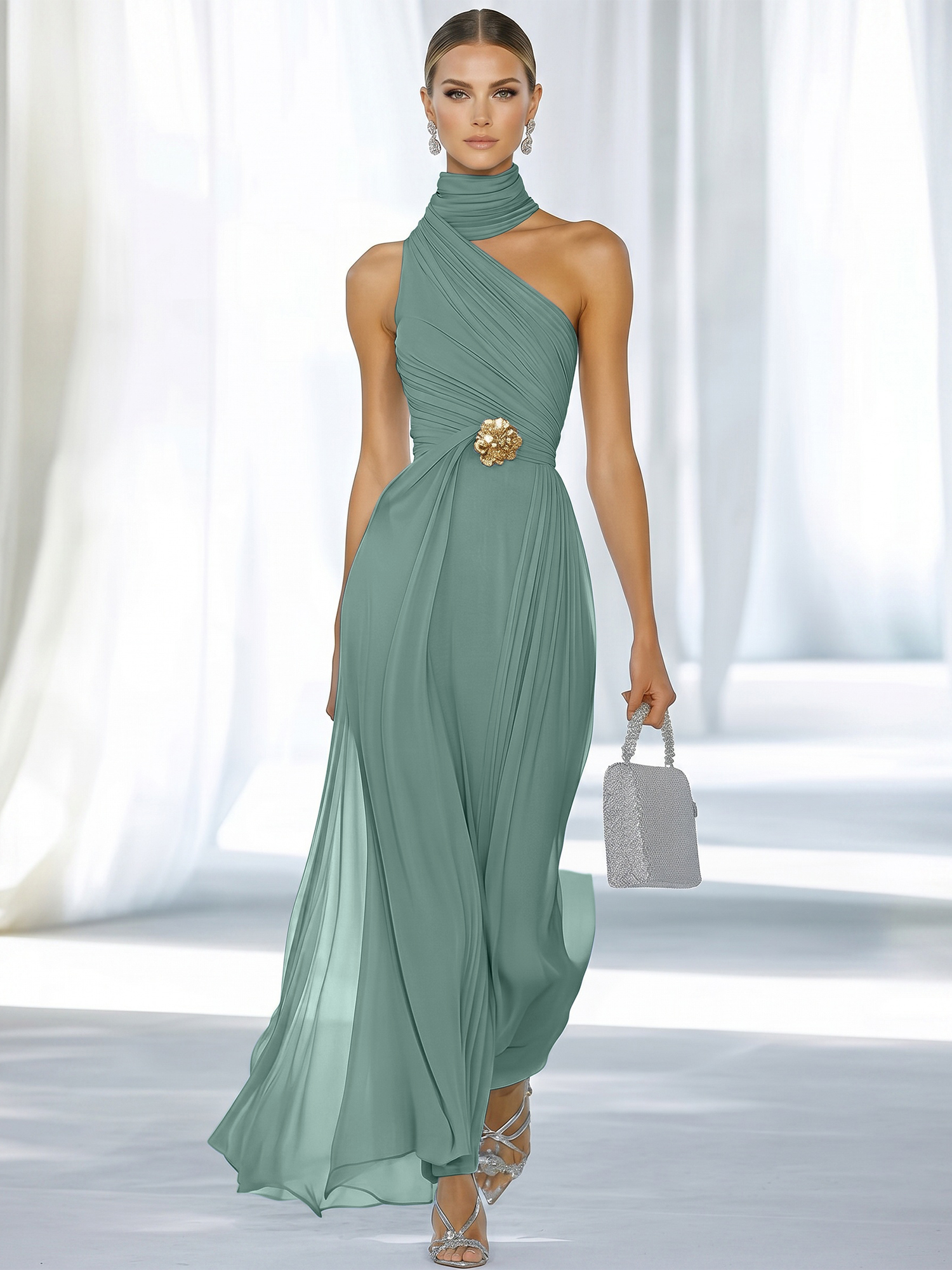 Sky Blue Pleated Chiffon Halter Strapless Formal Evening Dress