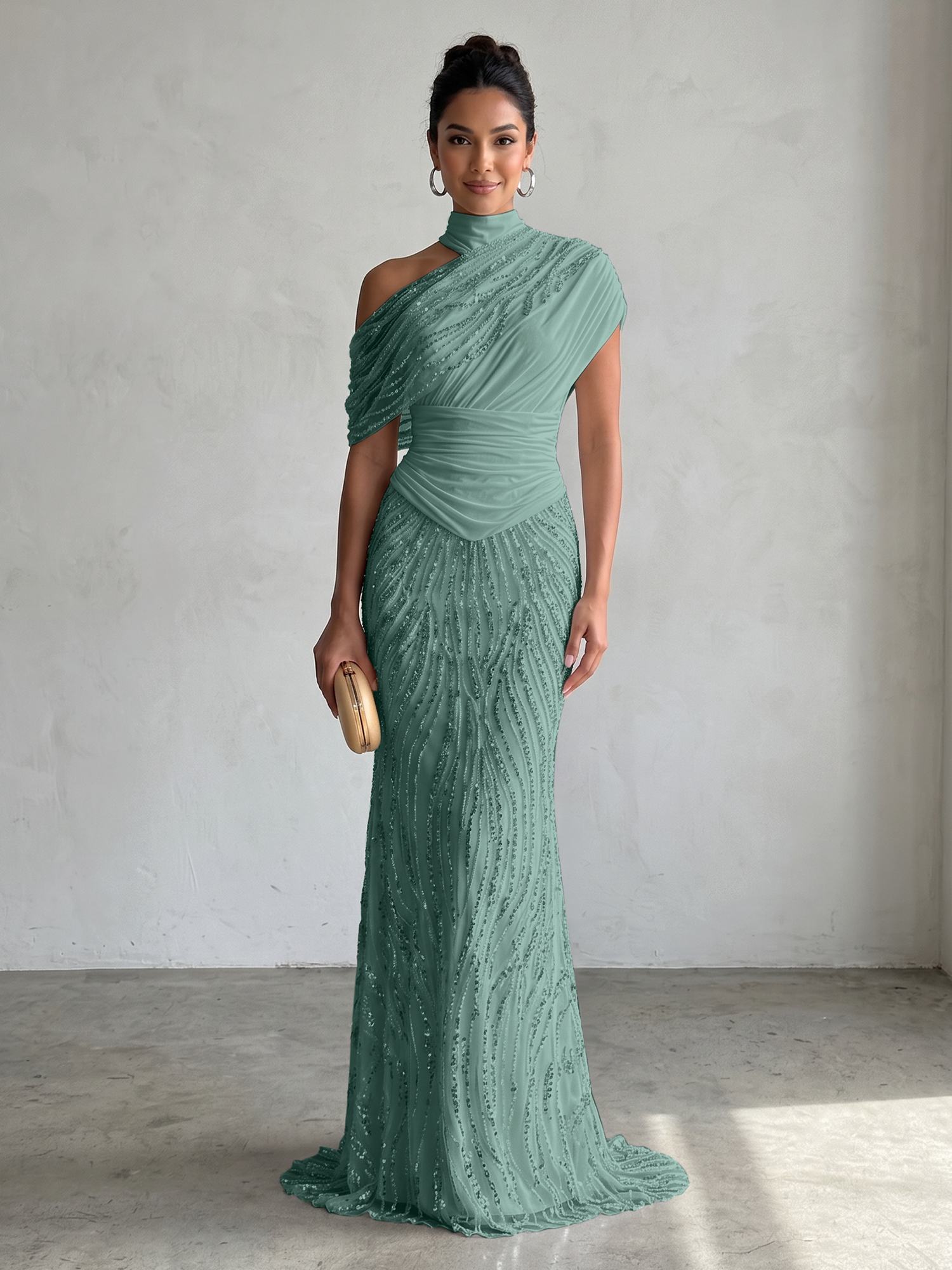Ethereal White Beaded High-Neck Draped Sheath Formal Evening Dress