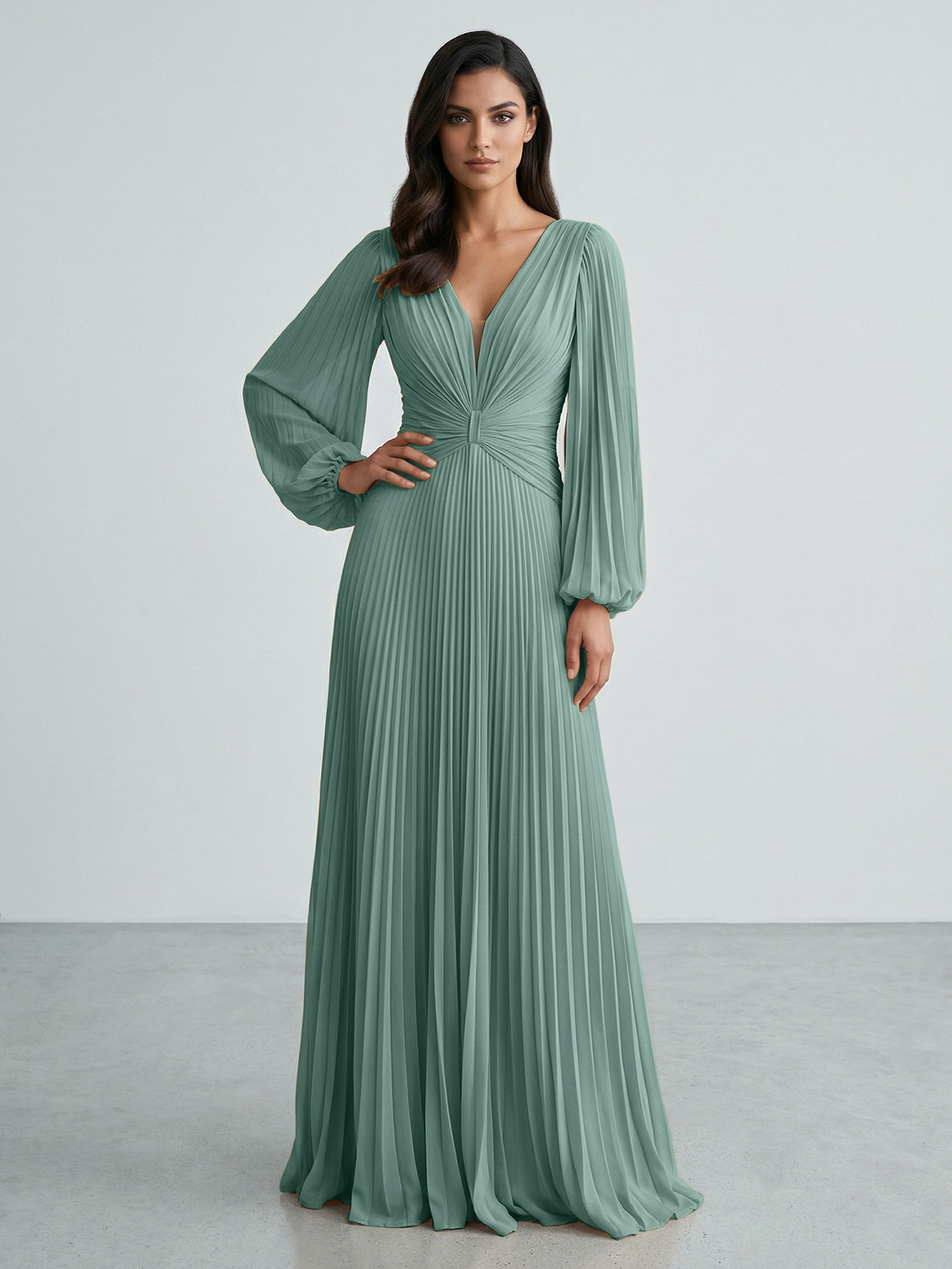 Slate Blue Plunging V-Neck Pleated Long Sleeve Maxi Dress Gown