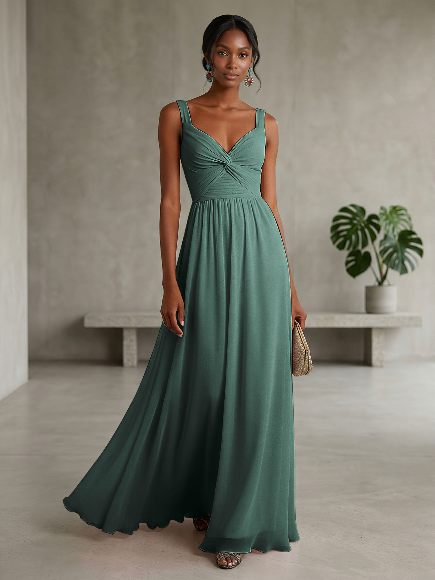 Elegant Soft Blush Twist-Front Chiffon Maxi Gown