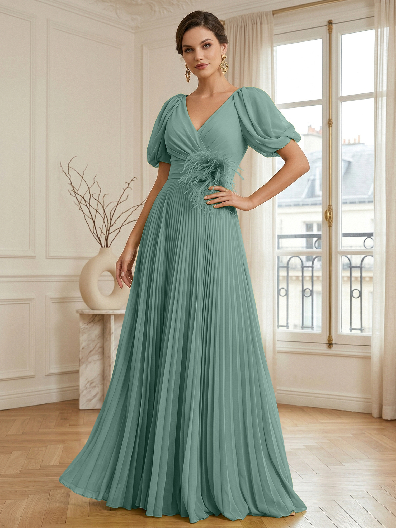 A-Line Chiffon Evening Gown with Feather V-Neck Short Sleeves Formal Dress