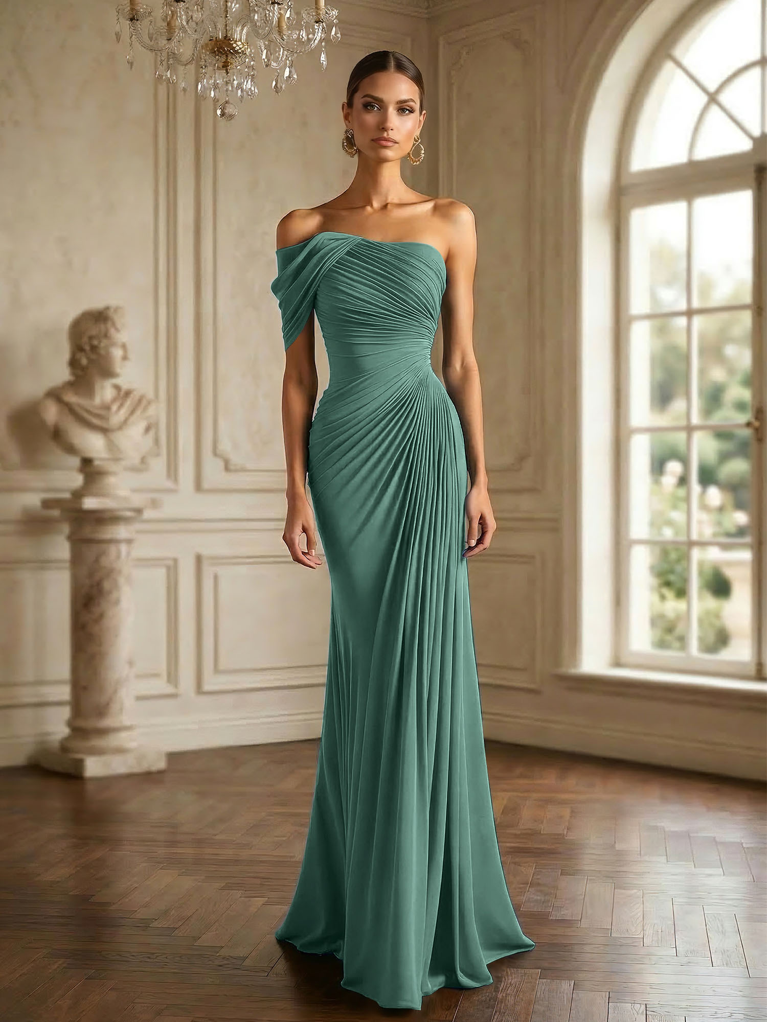 One Shoulder Pleat Mermaid Chiffon Evening Dresses for Women Gown