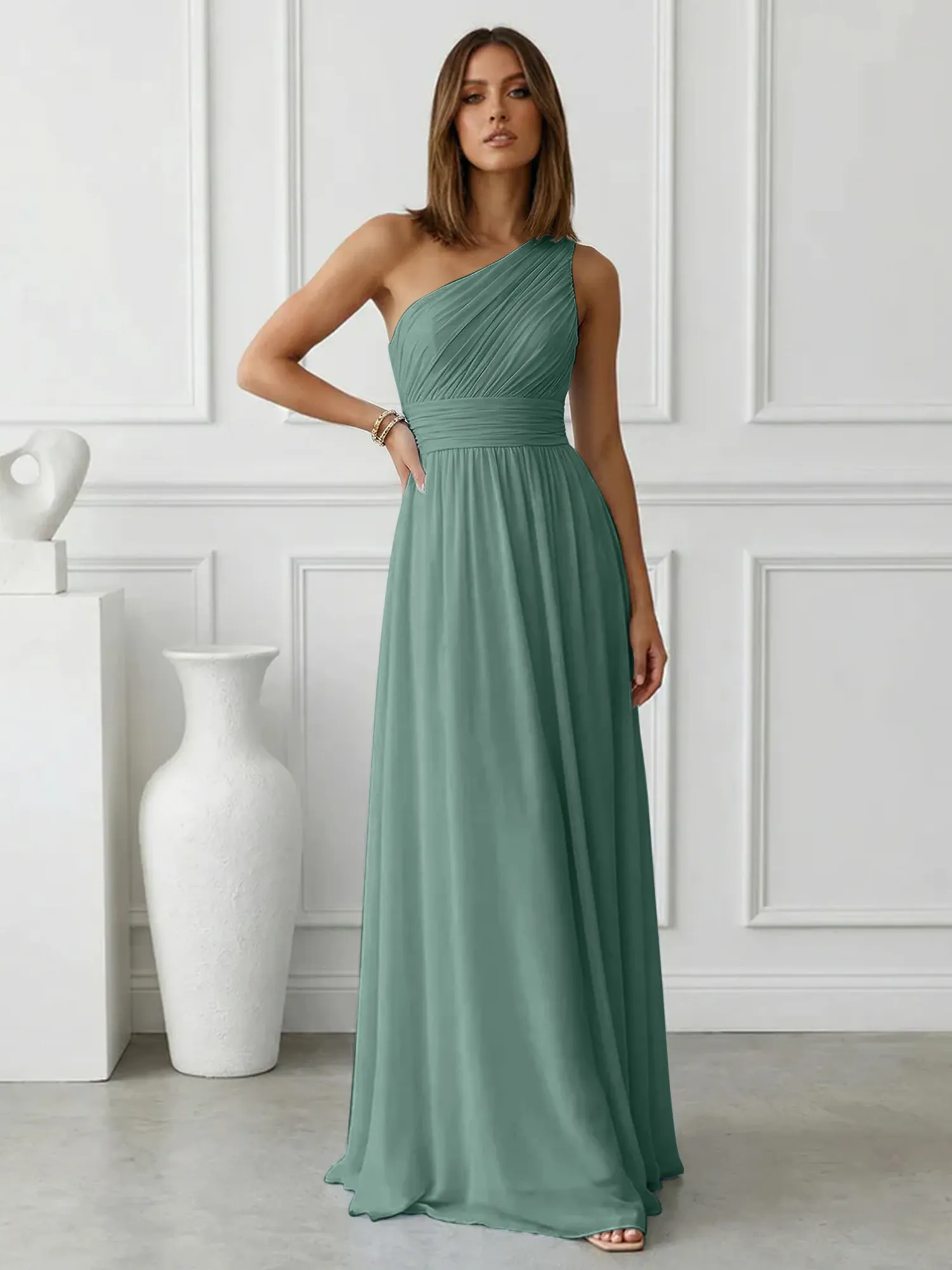 One-Shoulder Pleated Chiffon A-Line Evening Dress