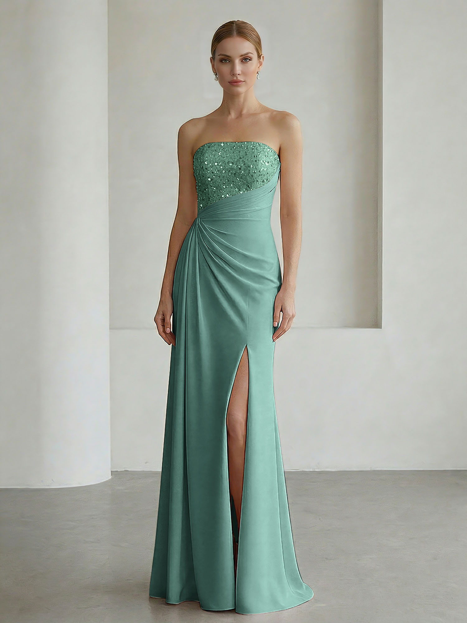 Glamorous Formal Evening Dress Soft Blush Beaded Strapless Slit Gown